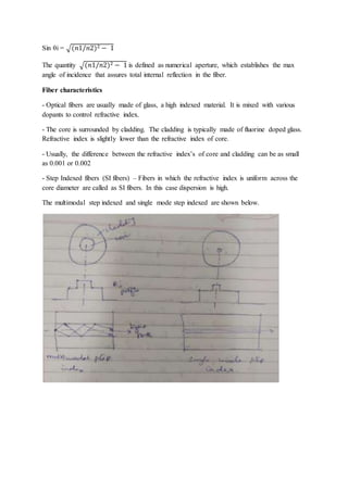 Sin θi = √(𝑛1/𝑛2)2 − 1
The quantity √(𝑛1/𝑛2)2 − 1 is defined as numerical aperture, which establishes the max
angle of incidence that assures total internal reflection in the fiber.
Fiber characteristics
- Optical fibers are usually made of glass, a high indexed material. It is mixed with various
dopants to control refractive index.
- The core is surrounded by cladding. The cladding is typically made of fluorine doped glass.
Refractive index is slightly lower than the refractive index of core.
- Usually, the difference between the refractive index’s of core and cladding can be as small
as 0.001 or 0.002
- Step Indexed fibers (SI fibers) – Fibers in which the refractive index is uniform across the
core diameter are called as SI fibers. In this case dispersion is high.
The multimodal step indexed and single mode step indexed are shown below.
 