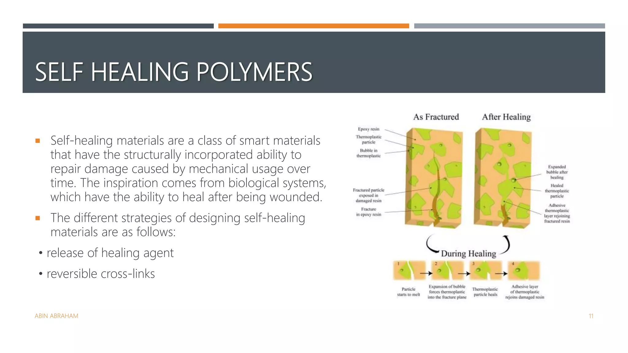 SELF HEALING POLYMERS
 Self-healing materials are a class of smart materials
that have the structurally incorporated ability to
repair damage caused by mechanical usage over
time. The inspiration comes from biological systems,
which have the ability to heal after being wounded.
 The different strategies of designing self-healing
materials are as follows:
• release of healing agent
• reversible cross-links
ABIN ABRAHAM 11
 