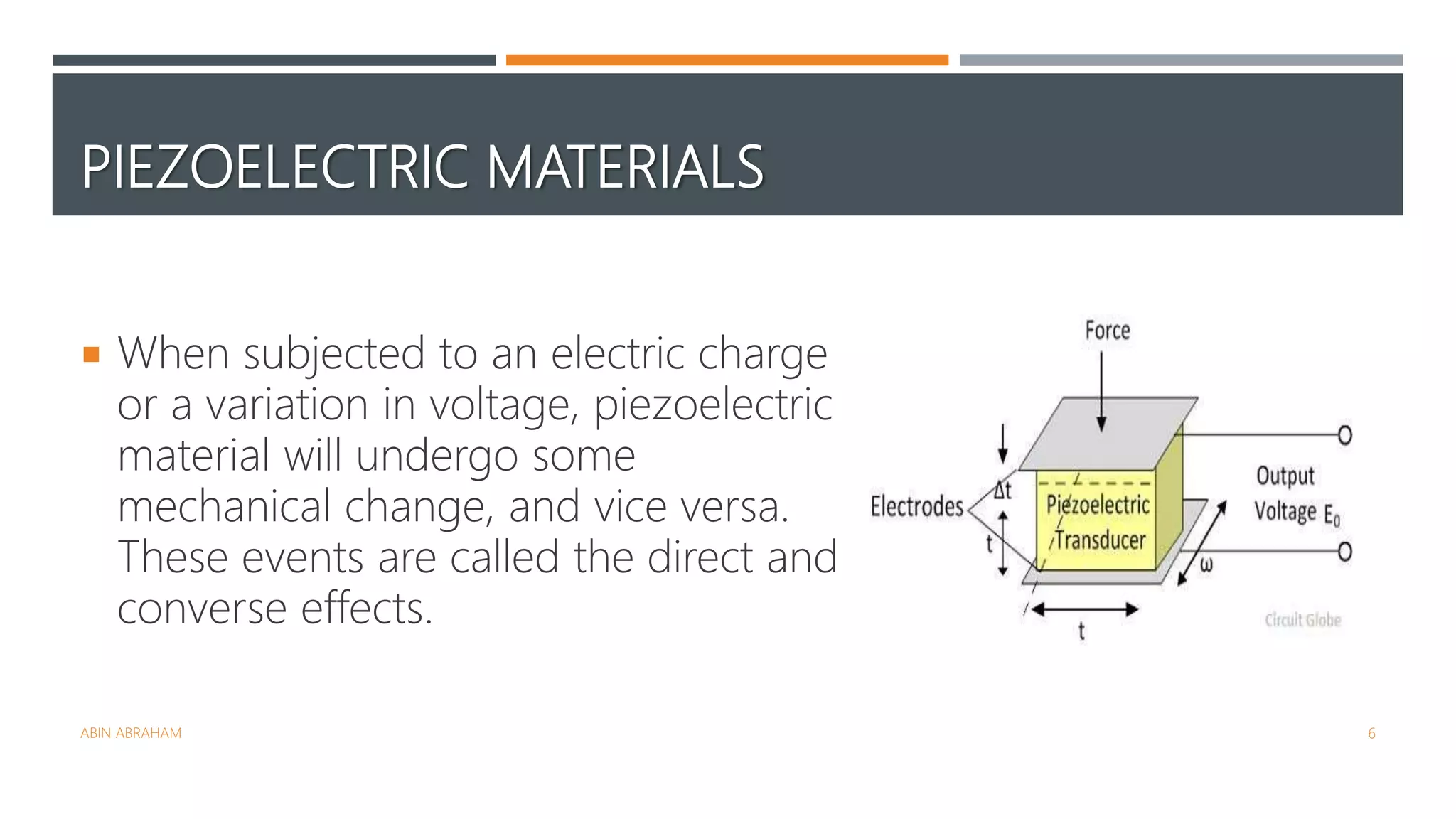PIEZOELECTRIC MATERIALS
 When subjected to an electric charge
or a variation in voltage, piezoelectric
material will undergo some
mechanical change, and vice versa.
These events are called the direct and
converse effects.
ABIN ABRAHAM 6
 