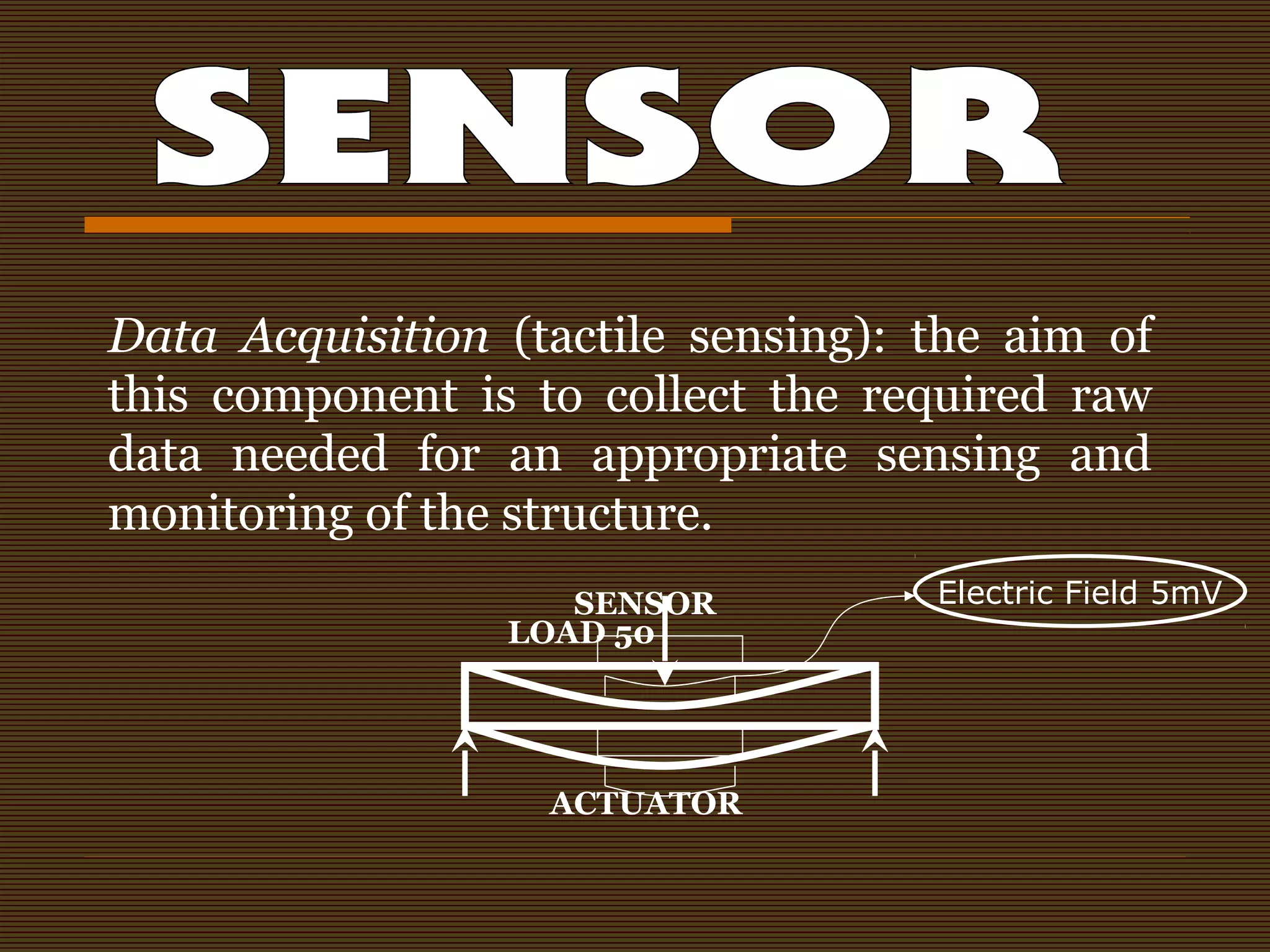 Data Acquisition (tactile sensing): the aim of
this component is to collect the required raw
data needed for an appropriate sensing and
monitoring of the structure.
LOAD 50
SENSOR
ACTUATOR
Electric Field 5mV
 