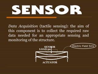 Data Acquisition (tactile sensing): the aim of
this component is to collect the required raw
data needed for an appropriate sensing and
monitoring of the structure.
LOAD 50
SENSOR
ACTUATOR
Electric Field 5mV
 