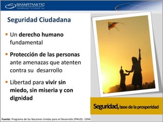 Seguridad Ciudadana

   Un derecho humano
    fundamental
   Protección de las personas
    ante amenazas que atenten
    contra su desarrollo
   Libertad para vivir sin
    miedo, sin miseria y con
    dignidad
                                                                          Seguridad,base de la prosperidad
Fuente: Programa de las Naciones Unidas para el Desarrollo (PNUD) -1994
 