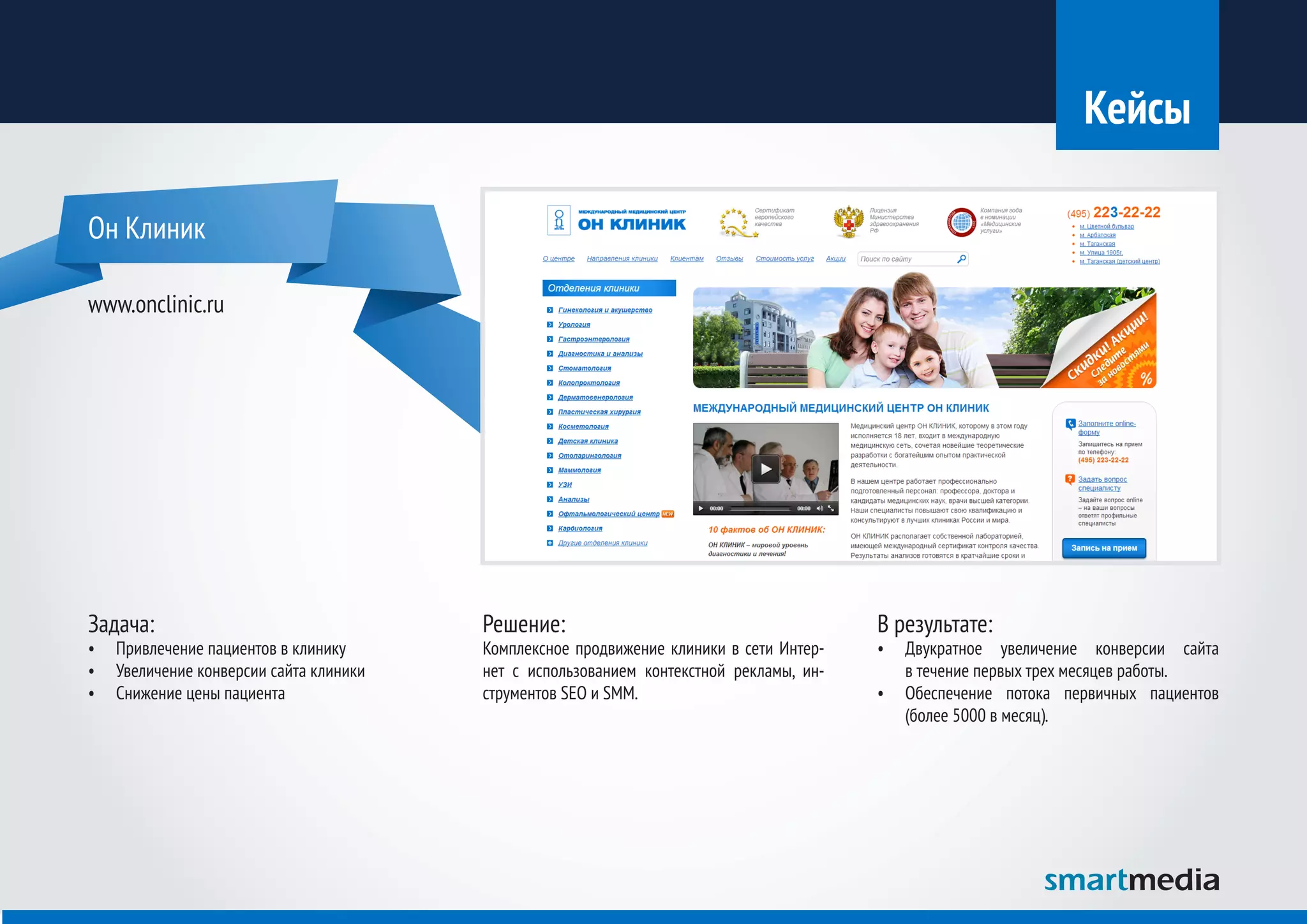 Кейсы

Он Клиник

www.onclinic.ru




Задача:                                 Решение:                                        В результате:
•	 Привлечение пациентов в клинику      Комплексное продвижение клиники в сети Интер-   •	 Двукратное увеличение конверсии сайта
•	 Увеличение конверсии сайта клиники   нет с использованием контекстной рекламы, ин-      в течение первых трех месяцев работы.
•	 Снижение цены пациента               струментов SEO и SMM.                           •	 Обеспечение потока первичных пациентов
                                                                                           (более 5000 в месяц).
 