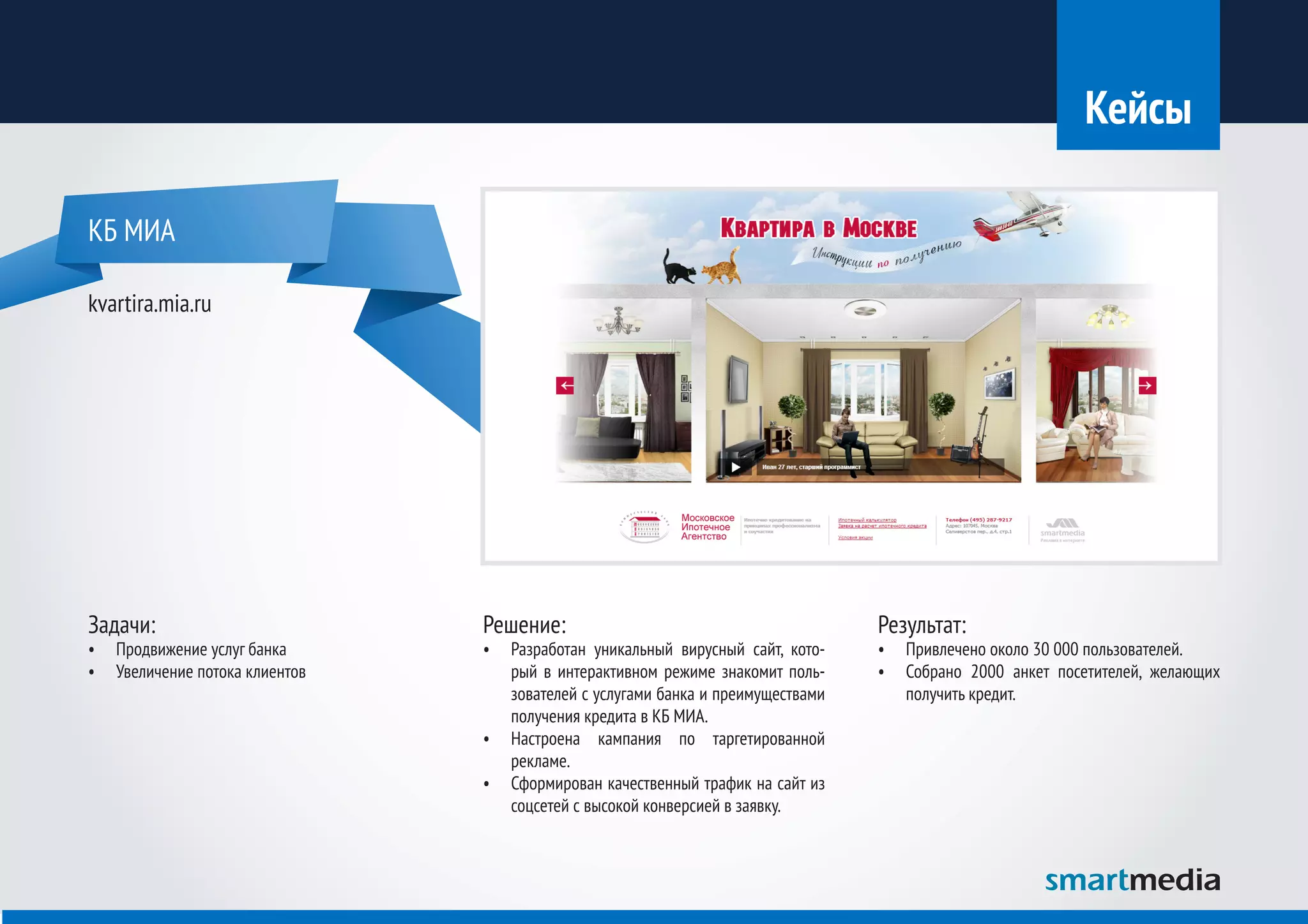 Кейсы

КБ МИА

kvartira.mia.ru




Задачи:                         Решение:                                         Результат:
•	 Продвижение услуг банка      •	 Разработан уникальный вирусный сайт, кото-    •	 Привлечено около 30 000 пользователей.
•	 Увеличение потока клиентов      рый в интерактивном режиме знакомит поль-     •	 Собрано 2000 анкет посетителей, желающих
                                   зователей с услугами банка и преимуществами      получить кредит.
                                   получения кредита в КБ МИА.
                                •	 Настроена кампания по таргетированной
                                   рекламе.
                                •	 Сформирован качественный трафик на сайт из
                                   соцсетей с высокой конверсией в заявку.
 