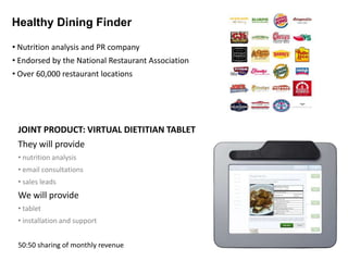 Healthy Dining Finder

• Nutrition analysis and PR company
• Endorsed by the National Restaurant Association
• Over 60,000 restaurant locations




 JOINT PRODUCT: VIRTUAL DIETITIAN TABLET
 They will provide
 • nutrition analysis
 • email consultations
 • sales leads
 We will provide
 • tablet
 • installation and support


 50:50 sharing of monthly revenue
 