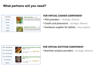 What partners will you need?


                          FOR VIRTUAL CASHIER COMPONENT
                          • POS providers – strategic alliance
                          • Credit card processors - strategic alliance
                          • Hardware supplier for tablets – key supplier




                         FOR VIRTUAL DIETITIAN COMPONENT
                         • Nutrition analysis providers - strategic alliance
 