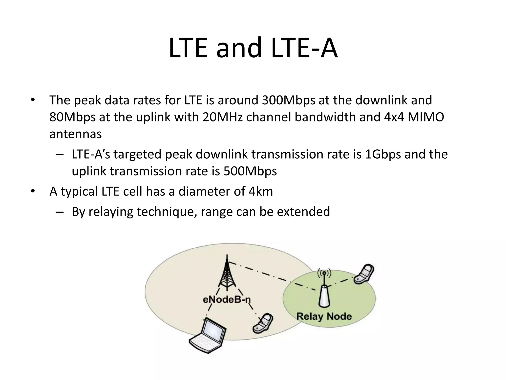 LTE and LTE-A
• The peak data rates for LTE is around 300Mbps at the downlink and
80Mbps at the uplink with 20MHz channel bandwidth and 4x4 MIMO
antennas
– LTE-A’s targeted peak downlink transmission rate is 1Gbps and the
uplink transmission rate is 500Mbps
• A typical LTE cell has a diameter of 4km
– By relaying technique, range can be extended
 