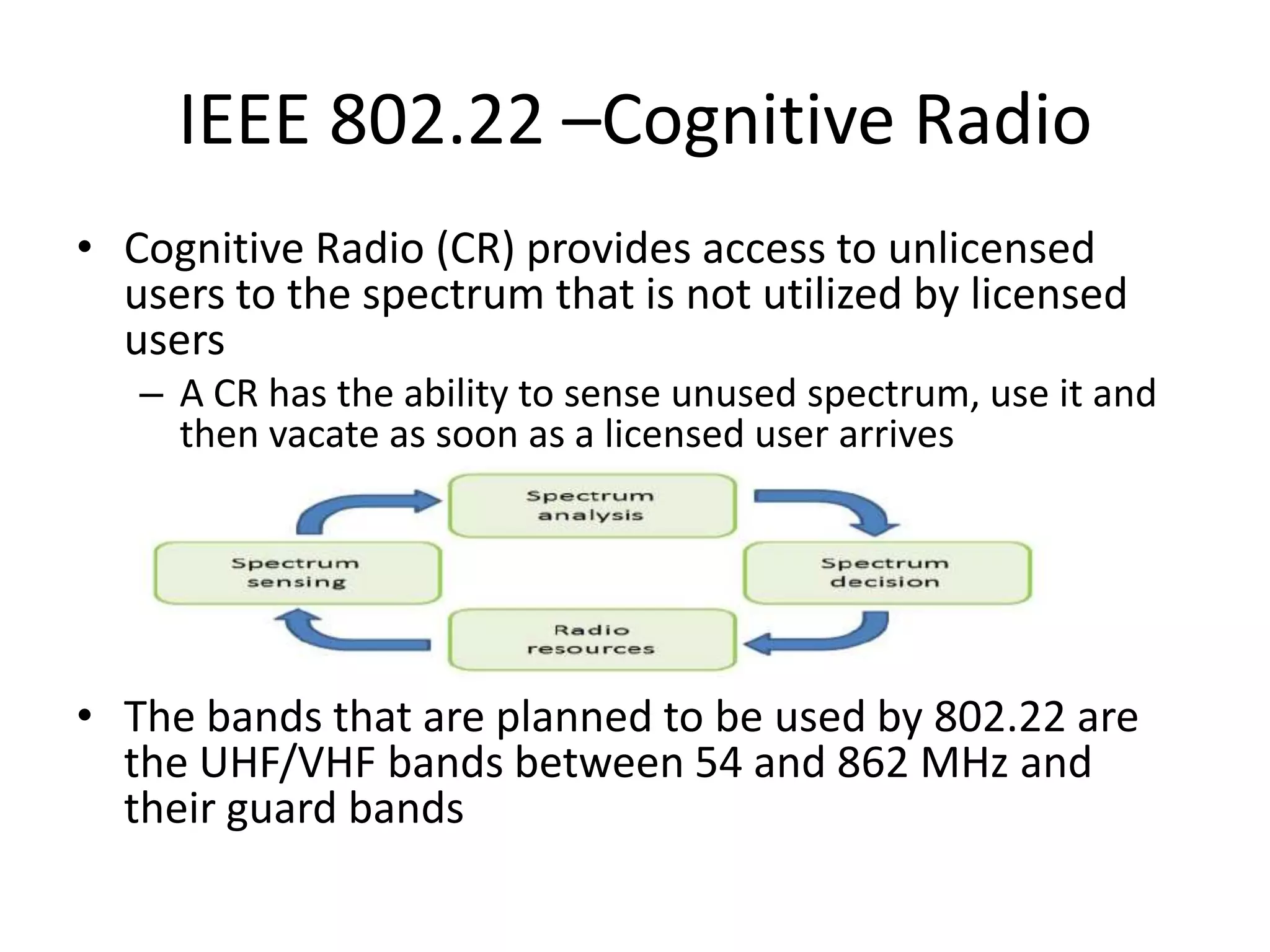 IEEE 802.22 –Cognitive Radio
• Cognitive Radio (CR) provides access to unlicensed
users to the spectrum that is not utilized by licensed
users
– A CR has the ability to sense unused spectrum, use it and
then vacate as soon as a licensed user arrives
• The bands that are planned to be used by 802.22 are
the UHF/VHF bands between 54 and 862 MHz and
their guard bands
 