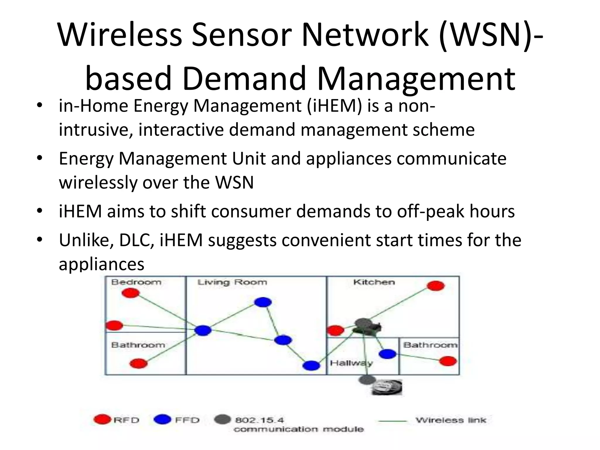 Wireless Sensor Network (WSN)-
based Demand Management
• in-Home Energy Management (iHEM) is a non-
intrusive, interactive demand management scheme
• Energy Management Unit and appliances communicate
wirelessly over the WSN
• iHEM aims to shift consumer demands to off-peak hours
• Unlike, DLC, iHEM suggests convenient start times for the
appliances
 