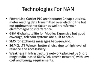 Technologies For NAN
• Power Line Carrier PLC architecture: Cheap but slow.
meter reading data transmitted over electric line but
not optimum other factor as well transformer
electromagnetic interference.
• GSM Global satellite for Mobile: Expensive but good
coverage, telecom systems are built to scale.
• SMS for exchange messages between grid.
• 3G/4G, LTE Wimax: better choice due to high level of
reliance and accessibility.
• Weakness in Infrastructure network plugged by Short
range radio based 6LoWPAN (mesh network) with low
cost and Energy requirements.
 