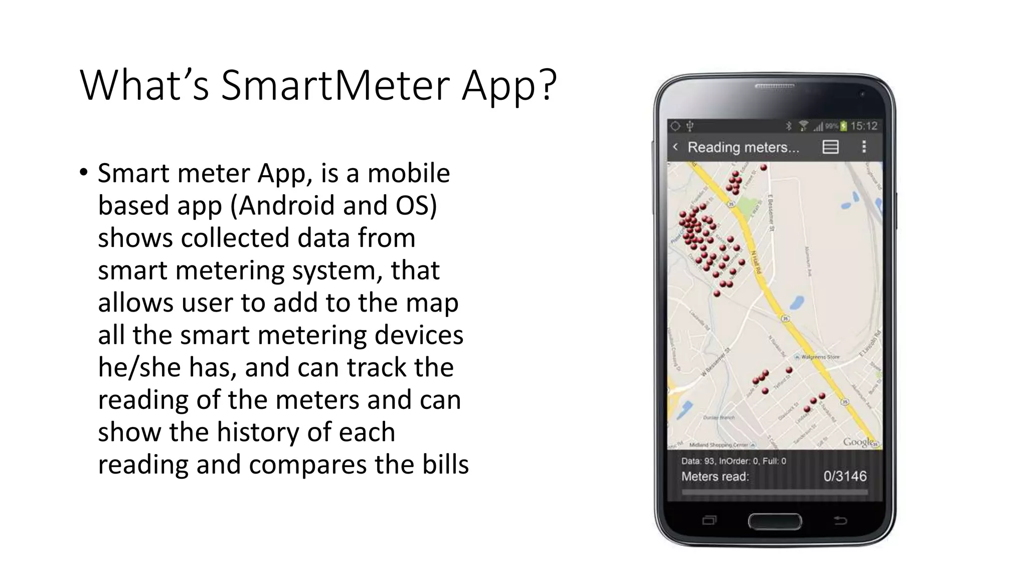 What’s SmartMeter App?
• Smart meter App, is a mobile
based app (Android and OS)
shows collected data from
smart metering system, that
allows user to add to the map
all the smart metering devices
he/she has, and can track the
reading of the meters and can
show the history of each
reading and compares the bills
 