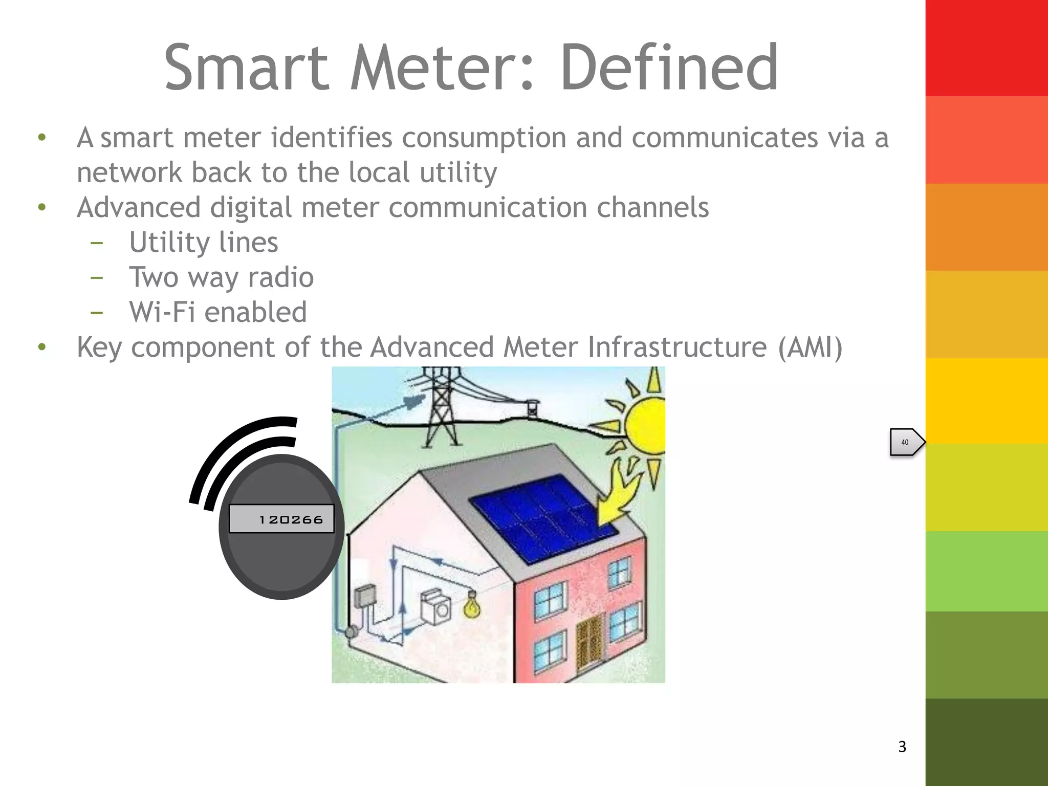 Smart Meter: Defined
•   A smart meter identifies consumption and communicates via a
    network back to the local utility
•   Advanced digital meter communication channels
     − Utility lines
     − Two way radio
     − Wi-Fi enabled
•   Key component of the Advanced Meter Infrastructure (AMI)


                                                                  40




                 120266




                                                                  3
 
