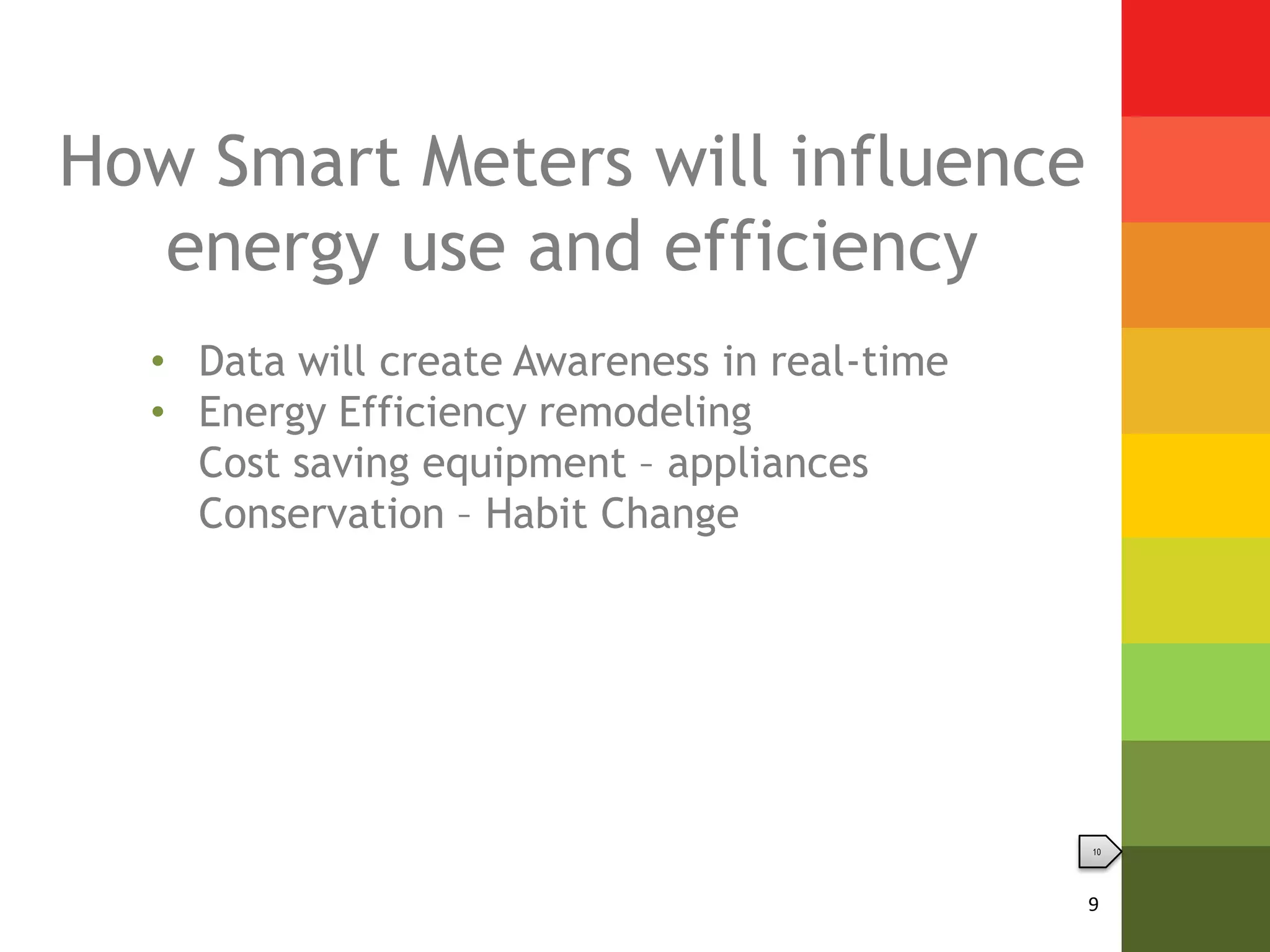 How Smart Meters will influence
  energy use and efficiency
  • Data will create Awareness in real-time
  • Energy Efficiency remodeling
    Cost saving equipment – appliances
    Conservation – Habit Change




                                              10




                                              9
 
