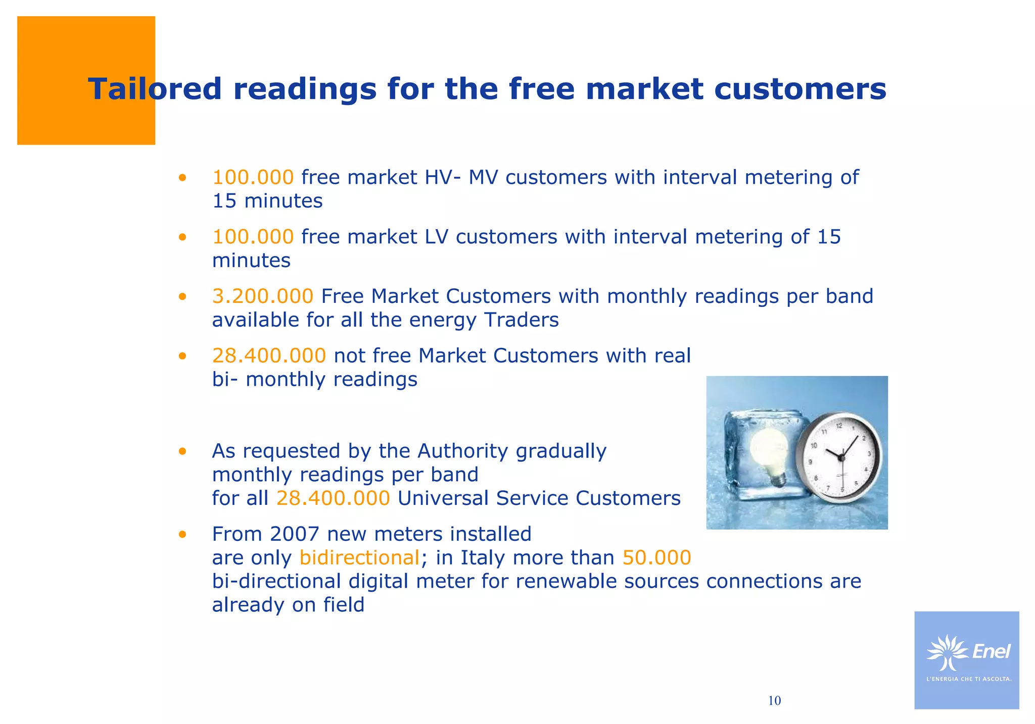 Tailored readings for the free market customers 100.000  free market HV- MV customers with interval metering of 15 minutes  100.000  free market LV customers with interval metering of 15 minutes  3.200.000  Free Market Customers with monthly readings per band  available for all the energy Traders  28.400.000  not free Market Customers with real  bi- monthly readings  As requested by the Authority gradually  monthly readings per band  for all  28.400.000  Universal Service Customers From 2007 new meters installed  are only  bidirectional ; in Italy more than  50.000   bi-directional digital meter for renewable sources connections are  already on field 