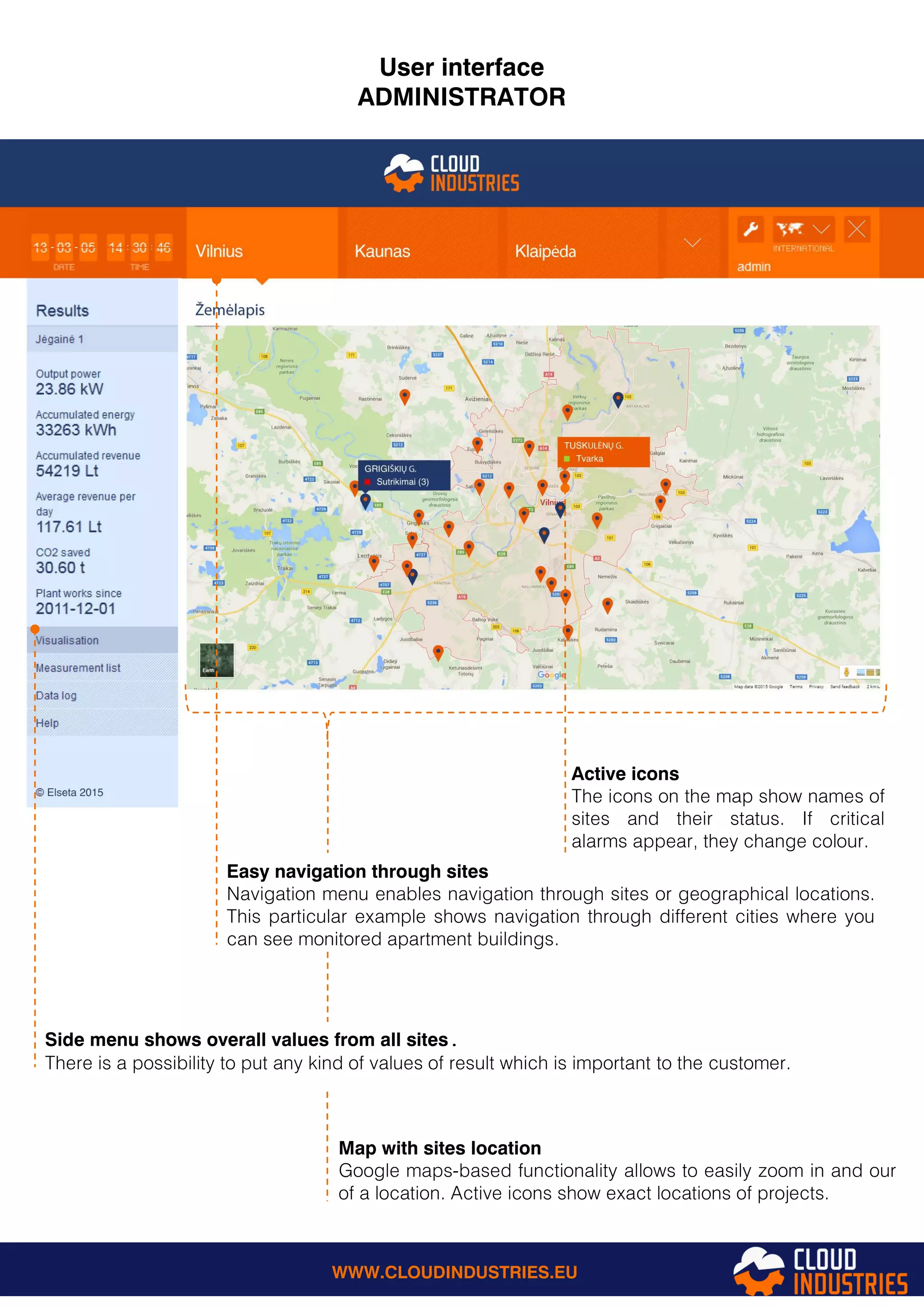 User interface
ADMINISTRATOR
Side menu shows overall values from all sites.
There is a possibility to put any kind of values of result which is important to the customer.
Easy navigation through sites
Navigation menu enables navigation through sites or geographical locations.
This particular example shows navigation through different cities where you
can see monitored apartment buildings.
Active icons
The icons on the map show names of
sites and their status. If critical
alarms appear, they change colour.
Map with sites location
Google maps-based functionality allows to easily zoom in and our
of a location. Active icons show exact locations of projects.
WWW.CLOUDINDUSTRIES.EU
 