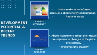 DEMAND
RESPONSE
DEVELOPMENT
POTENTIAL &
RECENT
TRENDS
ENERGY
EFFICIENCY
Helps make more informed
Reduces waste
decisions about energy consumption
Allows consumers adjust their usage
in response to changes in the price
of electricity
Improves grid stability
 