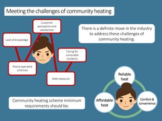 Meetingthechallengesofcommunityheating
Reliable
heat
Comfort &
convenience
Affordable
heat
Lack of knowledge
Debt exposure
Customer
perception and
satisfaction
Caring for
vulnerable
residents
Poorly operated
schemes
Community heating scheme minimum
requirements should be:
There is a definite move in the industry
to address these challenges of
community heating.
 