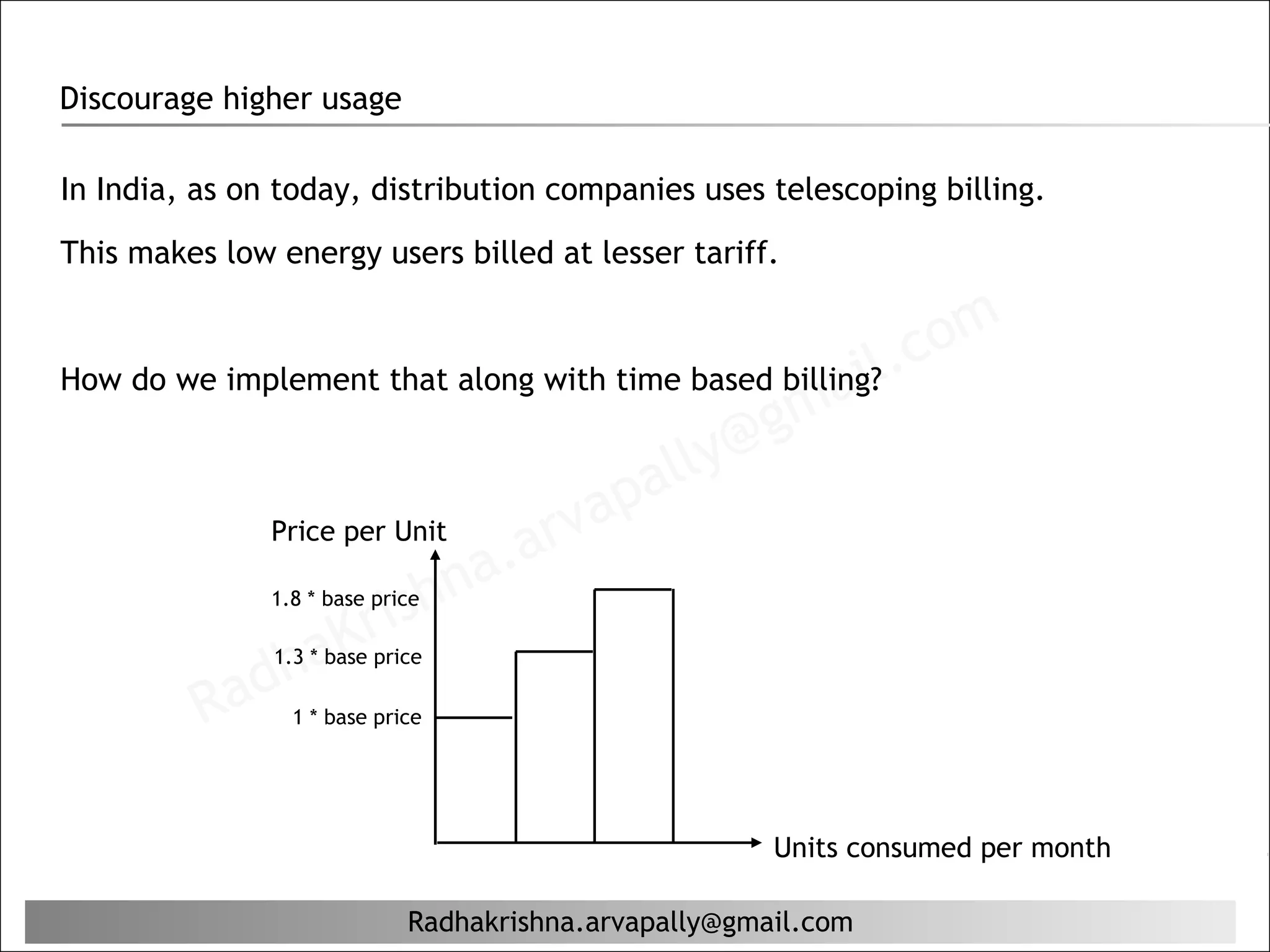 Discourage higher usage

In India, as on today, distribution companies uses telescoping billing.

This makes low energy users billed at lesser tariff.


How do we implement that along with time based billing? .
                                                          c om
                                                    ail
                                              gm
                                       al ly@
                                    ap
             Price per Unit
                                arv
                            na.
                      ish
               1.8 * base price

                  Kr
          ad  ha
               1.3 * base price

        R        1 * base price




                                                       Units consumed per month

                             Radhakrishna.arvapally@gmail.com
 
