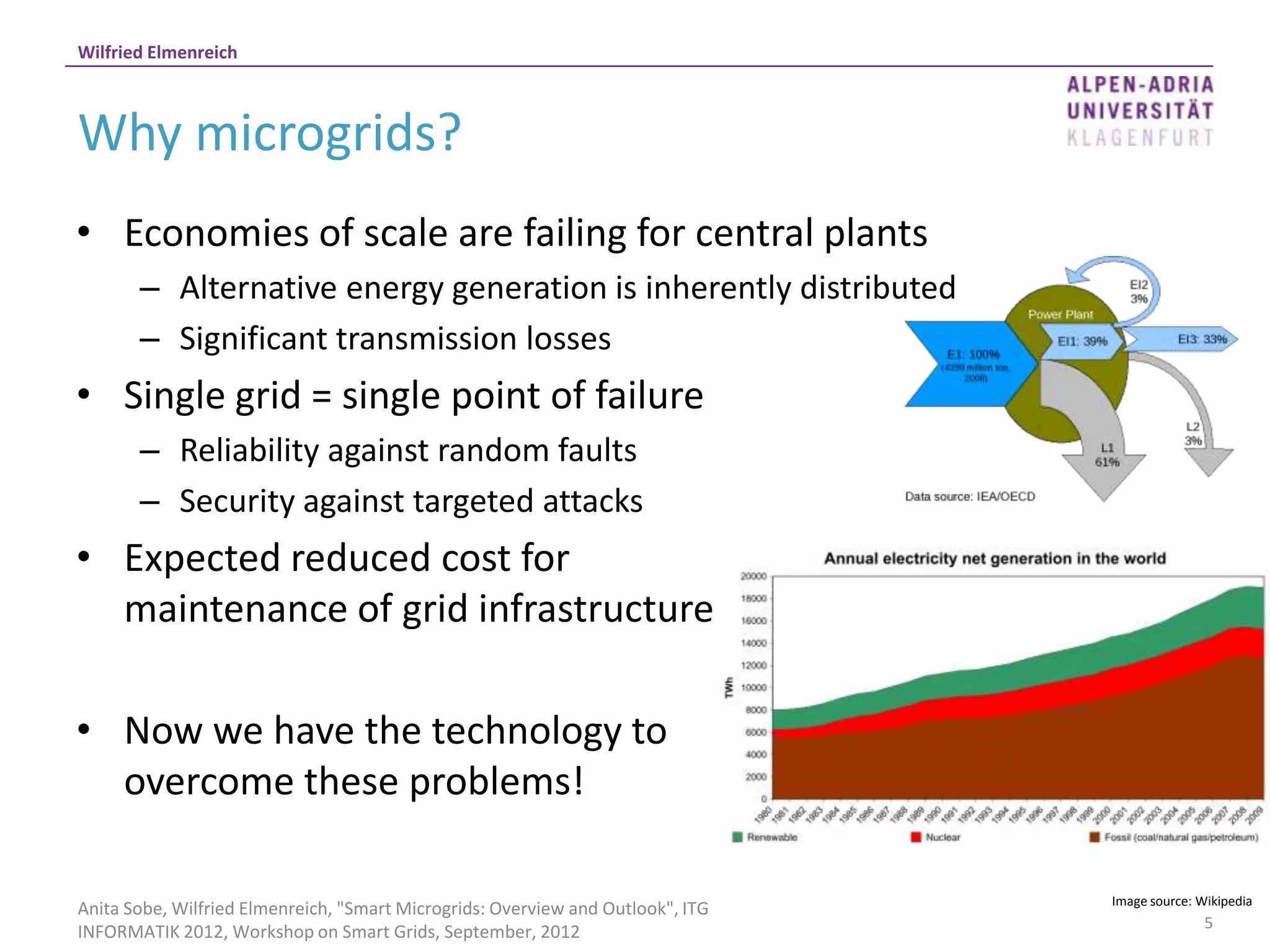 Wilfried Elmenreich



Why microgrids?
• Economies of scale are failing for central plants
       – Alternative energy generation is inherently distributed
       – Significant transmission losses
• Single grid = single point of failure
       – Reliability against random faults
       – Security against targeted attacks
• Expected reduced cost for
  maintenance of grid infrastructure

• Now we have the technology to
  overcome these problems!

                                                                                 Image source: Wikipedia
Anita Sobe, Wilfried Elmenreich, "Smart Microgrids: Overview and Outlook", ITG
                                                                                                5
INFORMATIK 2012, Workshop on Smart Grids, September, 2012
 