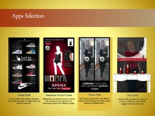Virtual Shelf
As an endless aisle display, shoppers
can browse products in endless loop and
click for more info.
Interactive Product Guide
Highlighting key features of your product,
the mannequin can twist & turn to
showcase product from different angles.
Endless Aisle
Omni-channel web browser -
Connecting online to offline store,
shoppers can browse, search and
checkout directly in store.
Apps Selection
Lift & Learn
Interact with shoppers as soon as
an item is lifted up. Note: RFID
tagged products are used
This or That
Take side-by-side photos with different
outfit, so that shoppers can better select
between shortlisted items.
3D Virtual Dressing
Presents realistic 3D product models
and sync with shopper’s movement
within the live video feed.
As your
make
 
