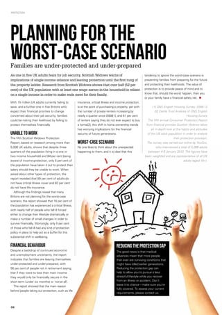 06
Protection
Planning for the
worst-case scenarioFamilies are under-protected and under-prepared
As one in five UK adults fears for job security, Scottish Widows warns of
implications of single income reliance and leaving protection until the first rung of
the property ladder. Research from Scottish Widows shows that over half (52 per
cent) of the UK population with at least one wage earner in the household is reliant
on a single income in order to make ends meet for their family.
With 15 million UK adults currently failing to
save, and a further one in five Britons who
expect their financial priorities to change
concerned about their job security, families
could be risking their livelihood by failing to
protect themselves financially.
Unable to work
The fifth Scottish Widows Protection
Report, based on research among more than
5,000 UK adults, shows that despite three
quarters of the population living in a one or
two income household and 84 per cent being
aware of income protection, only 5 per cent of
the population have taken it out to protect their
salary should they be unable to work. When
asked about other types of protection, the
report revealed that 89 per cent of adults do
not have critical illness cover and 63 per cent
do not have life insurance.
Although the findings reveal that many
Britons are not planning for the worst-case
scenario, the report showed that 16 per cent of
the population has experienced a critical illness,
with nearly half of people who fell ill forced
either to change their lifestyle dramatically or
make a number of small changes in order to
survive financially. Worryingly, only 5 per cent
of those who fell ill had any kind of protection
policy in place to help act as a buffer for this
substantial shift in wellbeing.
Financial behaviour
Despite a backdrop of continued economic
and unemployment uncertainty, the report
indicates that families are leaving themselves
under-protected and under-prepared, with
56 per cent of people not in retirement saying
that if they were to lose their main income
they would only be financially secure in the
short term (under six months) or ‘not at all’.
The report showed that the main reason
behind people taking out protection, such as life
insurance, critical illness and income protection,
is at the point of purchasing a property, yet with
the number of private renters increasing by
nearly a quarter since 2008[1], and 61 per cent
of renters saying they do not ever expect to buy
a home[2], this shift in home ownership trends
has worrying implications for the financial
security of future generations.
Worst-case scenario
No one likes to think about the unexpected
happening to them, and it is clear that this
tendency to ignore the worst-case scenario is
preventing families from preparing for the future
and protecting their livelihoods. The value of
protection is to provide peace of mind and to
know that, should the worst happen, then you
or your family have a financial safety net. n
[1] ONS English Housing Survey, 2008-12
[2] Castle Trust Analysis of ONS English
Housing Survey
The fifth annual Consumer Protection Report
from financial provider Scottish Widows takes
an in-depth look at the habits and attitudes
of the UK adult population in order to analyse
their protection provision.
The survey was carried out online by YouGov,
who interviewed a total of 5,086 adults
between 4-9 January 2013. The figures have
been weighted and are representative of all UK
adults (aged 18+).
Reducing the protection gap
The good news is that medical
advances mean that more people
than ever are surviving conditions that
might have killed earlier generations.
Reducing the protection gap can
help to allow you to pursue a less
stressful lifestyle while you recover
from an illness or accident. Don’t
leave it to chance – make sure you’re
fully covered. To assess your current
requirements, please contact us.
 