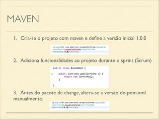 MAVEN
1.	

 Cria-se o projeto com maven e deﬁne a versão inicial 1.0.0
2.	

 Adiciona funcionalidades ao projeto durante o sprint (Scrum)
3.	

 Antes do pacote de change, altera-se a versão do pom.xml
manualmente.
 