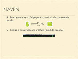 MAVEN
4.	

 Envia (commit) o código para o servidor de controle de
versão
5.	

 Realiza a construção do artefato (build do projeto)
 