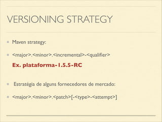 VERSIONING STRATEGY
Maven strategy:	

<major>.<minor>.<incremental>-<qualiﬁer>
Estratégia de alguns fornecedores de mercado:	

<major>.<minor>.<patch>[-<type>-<attempt>]
Ex. plataforma-1.5.5-RC
 