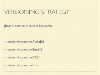 VERSIONING STRATEGY
JBoss Community release keywords	

!
major.minor.micro.Alpha[n]	

major.minor.micro.Beta[n]	

major.minor.micro.CR[n]	

major.minor.micro.Final
 