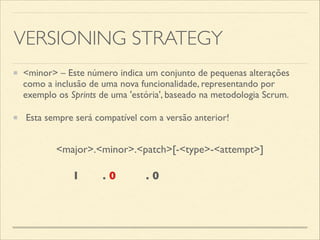 VERSIONING STRATEGY
<minor> – Este número indica um conjunto de pequenas alterações
como a inclusão de uma nova funcionalidade, representando por
exemplo os Sprints de uma 'estória', baseado na metodologia Scrum. 	

Esta sempre será compatível com a versão anterior!
1 . 0 . 0
<major>.<minor>.<patch>[-<type>-<attempt>]
 