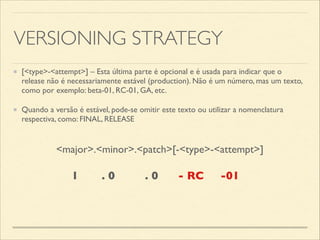 VERSIONING STRATEGY
[<type>-<attempt>] – Esta última parte é opcional e é usada para indicar que o
release não é necessariamente estável (production). Não é um número, mas um texto,
como por exemplo: beta-01, RC-01, GA, etc.	

Quando a versão é estável, pode-se omitir este texto ou utilizar a nomenclatura
respectiva, como: FINAL, RELEASE
1 . 0 . 0 - RC -01
<major>.<minor>.<patch>[-<type>-<attempt>]
 