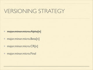 VERSIONING STRATEGY
major.minor.micro.Alpha[n]	

major.minor.micro.Beta[n]	

major.minor.micro.CR[n]	

major.minor.micro.Final
 