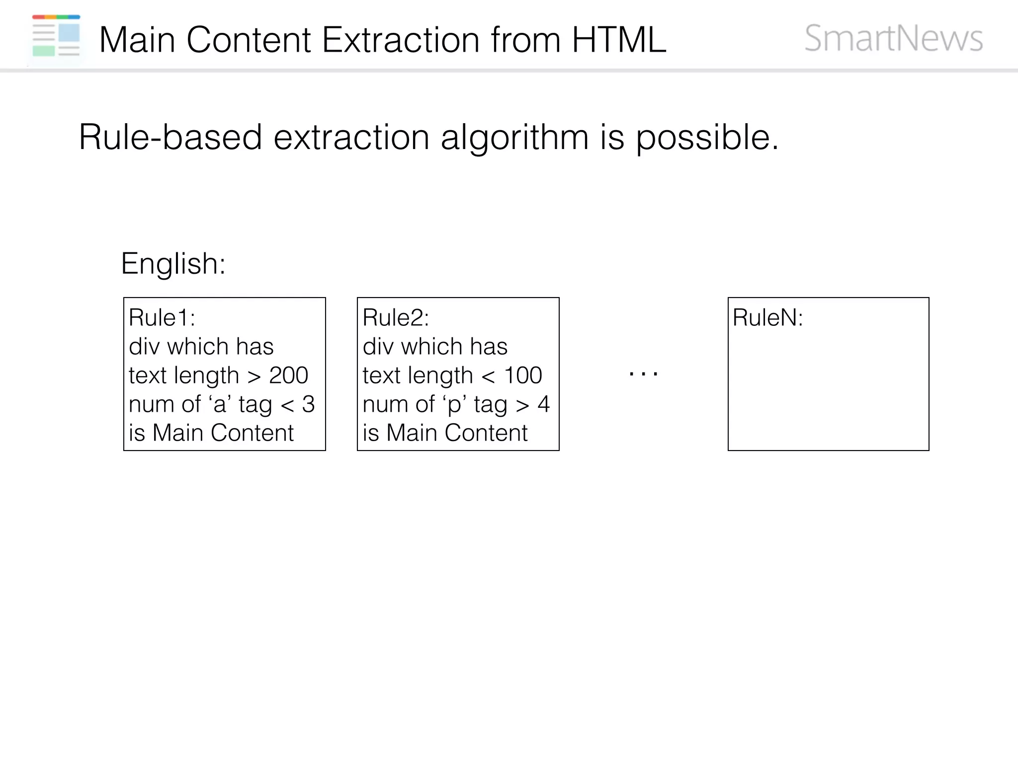 Main Content Extraction from HTML
Rule1:
div which has 
text length > 200
num of ‘a’ tag < 3
is Main Content
Rule-based extraction algorithm is possible.
English:
Rule2:
div which has 
text length < 100
num of ‘p’ tag > 4
is Main Content
RuleN:
…
 