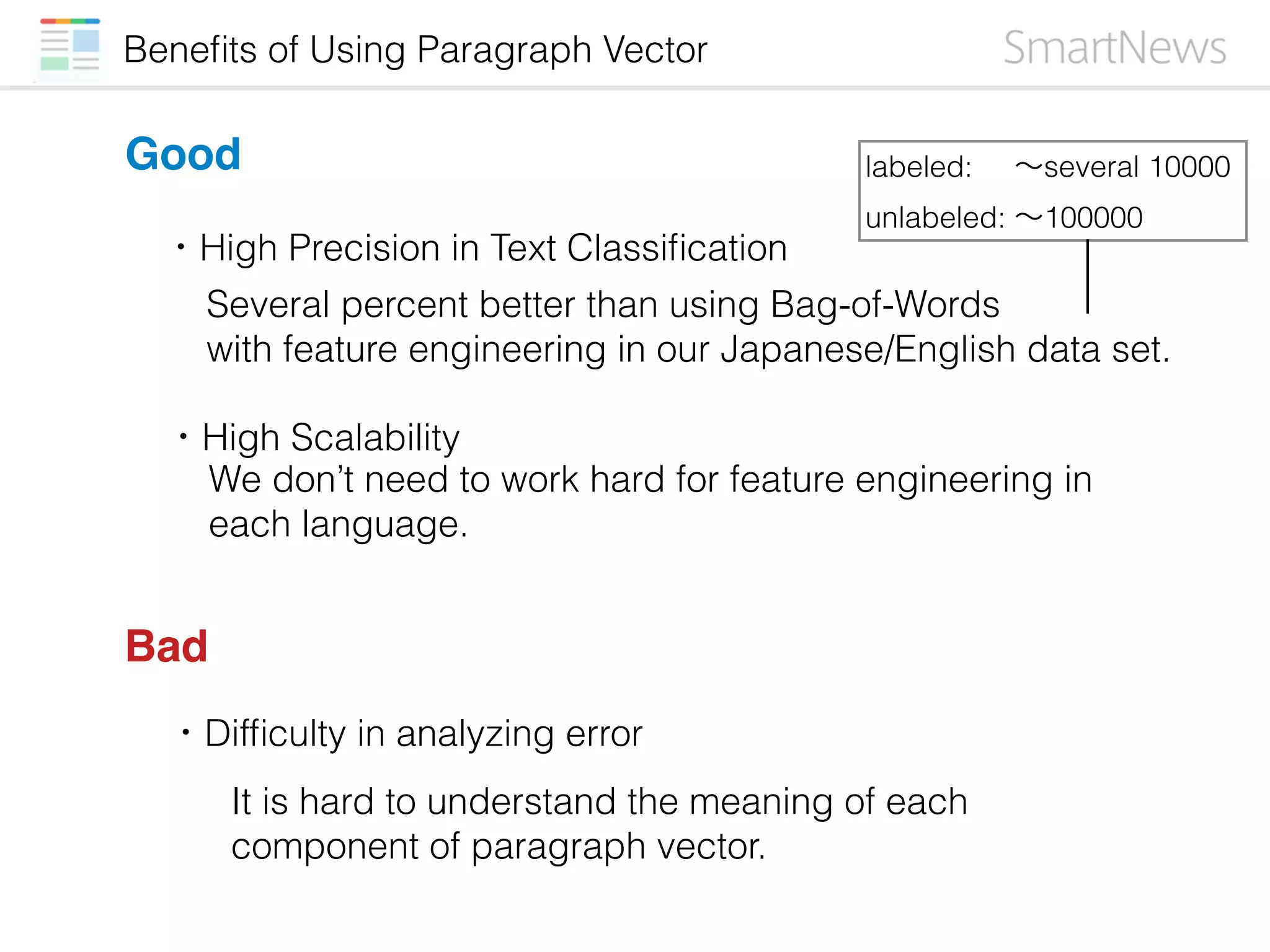Good
Beneﬁts of Using Paragraph Vector
・High Scalability
・High Precision in Text Classiﬁcation
Several percent better than using Bag-of-Words
with feature engineering in our Japanese/English data set.
We don’t need to work hard for feature engineering in
each language.
Bad
・Difﬁculty in analyzing error
It is hard to understand the meaning of each
component of paragraph vector.
labeled: ∼several 10000
unlabeled: ∼100000
 
