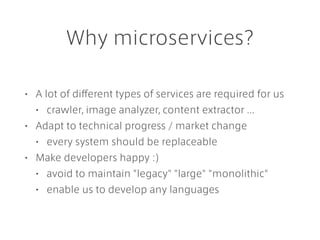 A part of microservices
Source A
Analyzer Indexer Search API
A
PhotoqualCaffe
Reporting
API
Gateway
Realtime
feedback
Imag...
