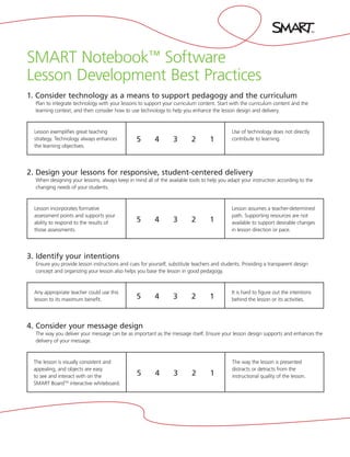 SMART Notebook™ Software
Lesson Development Best Practices
1. Consider technology as a means to support pedagogy and the curriculum
  Plan to integrate technology with your lessons to support your curriculum content. Start with the curriculum content and the
  learning context, and then consider how to use technology to help you enhance the lesson design and delivery.



  Lesson exemplifies great teaching                                                         Use of technology does not directly
  strategy. Technology always enhances          5        4       3        2       1         contribute to learning.
  the learning objectives.




2. Design your lessons for responsive, student-centered delivery
  When designing your lessons, always keep in mind all of the available tools to help you adapt your instruction according to the
  changing needs of your students.



  Lesson incorporates formative                                                             Lesson assumes a teacher-determined
  assessment points and supports your                                                       path. Supporting resources are not
  ability to respond to the results of          5        4       3        2       1         available to support desirable changes
  those assessments.                                                                        in lesson direction or pace.




3. Identify your intentions
  Ensure you provide lesson instructions and cues for yourself, substitute teachers and students. Providing a transparent design
  concept and organizing your lesson also helps you base the lesson in good pedagogy.



  Any appropriate teacher could use this                                                    It is hard to figure out the intentions
  lesson to its maximum benefit.                5        4       3        2       1         behind the lesson or its activities.




4. Consider your message design
  The way you deliver your message can be as important as the message itself. Ensure your lesson design supports and enhances the
  delivery of your message.



 The lesson is visually consistent and                                                      The way the lesson is presented
 appealing, and objects are easy                                                            distracts or detracts from the
 to see and interact with on the                5        4       3        2       1         instructional quality of the lesson.
 SMART BoardTM interactive whiteboard.
 