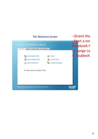 The Welcome Center   ‐ Orient the Boar
                     ‐ Start a new or s
                     Notebook File
                     ‐ Change Languag
                     ‐ Troubleshoot




                                  2
 