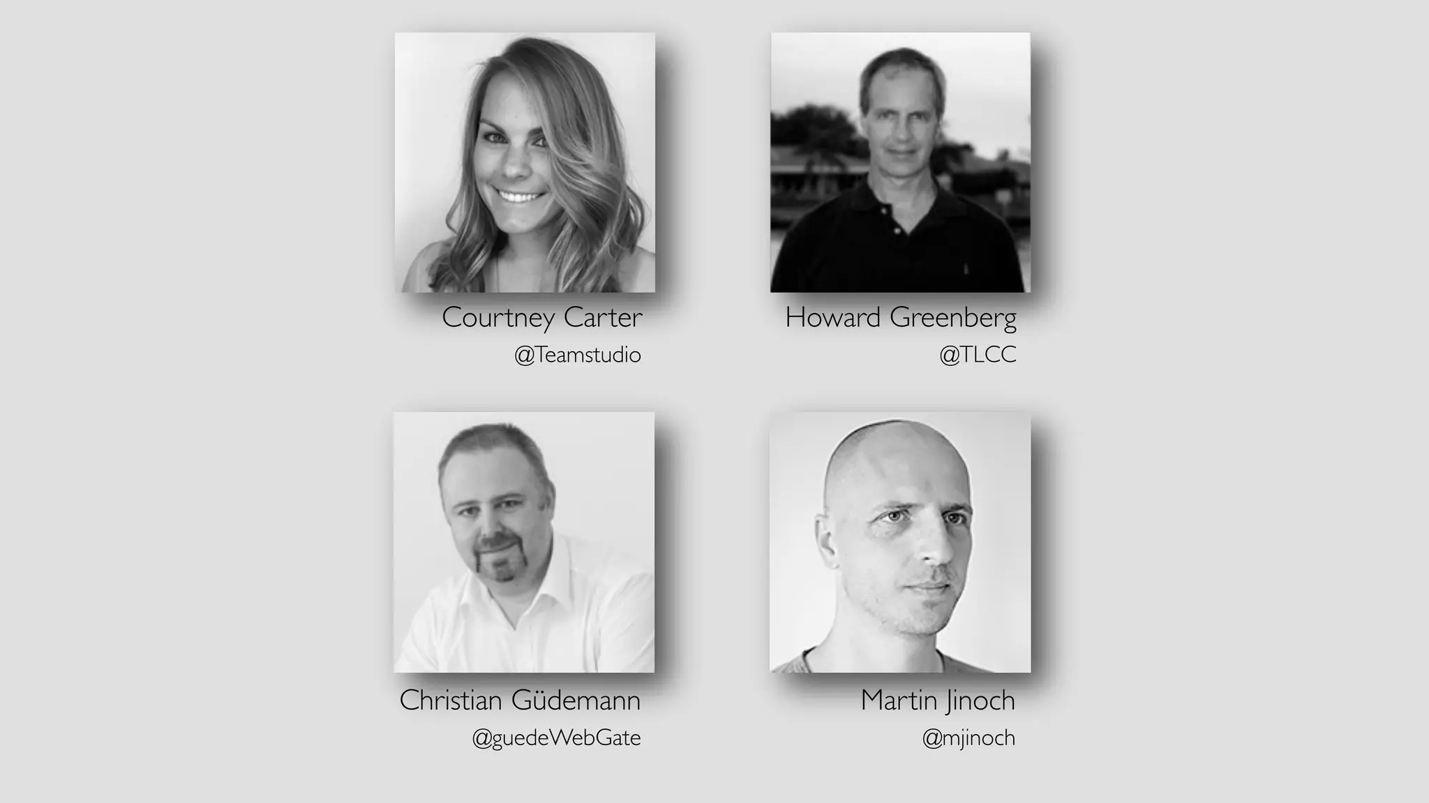 Howard Greenberg
@TLCC
Courtney Carter
@Teamstudio
Christian Güdemann
@guedeWebGate
Martin Jinoch
@mjinoch
 