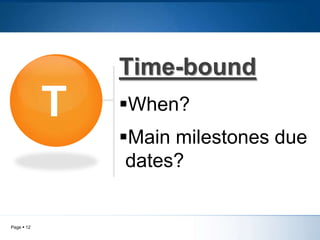Time-bound
T
When?
Main milestones due
dates?
Page 12