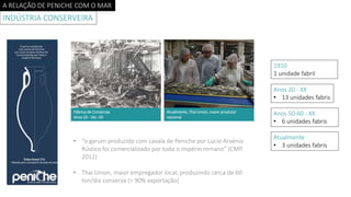 A RELAÇÃO DE PENICHE COM O MAR
INDÚSTRIA CONSERVEIRA
Fábrica de Conservas
Anos 20 - Séc. XX
Anos 20 - XX
• 13 unidades fabris
Anos 50-60 - XX
• 6 unidades fabris
Atualmente
• 3 unidades fabris
1910
1 unidade fabril
• “o garum produzido com cavala de Peniche por Lúcio Arvénio
Rústico foi comercializado por todo o império romano” (CMP,
2012)
• Thai Union, maior empregador local, produzindo cerca de 60
ton/dia conserva (> 90% exportação)
Atualmente, Thai Union, maior produtor
nacional
 