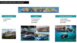 ATIVIDADES MARITIMO-TURÍSTICAS
Pesca desportiva Atividades subaquáticasPasseios
29 operadores
autorizados
para RNB
3 operadores
locais autorizados
para RNB
7 operadores
locais
 