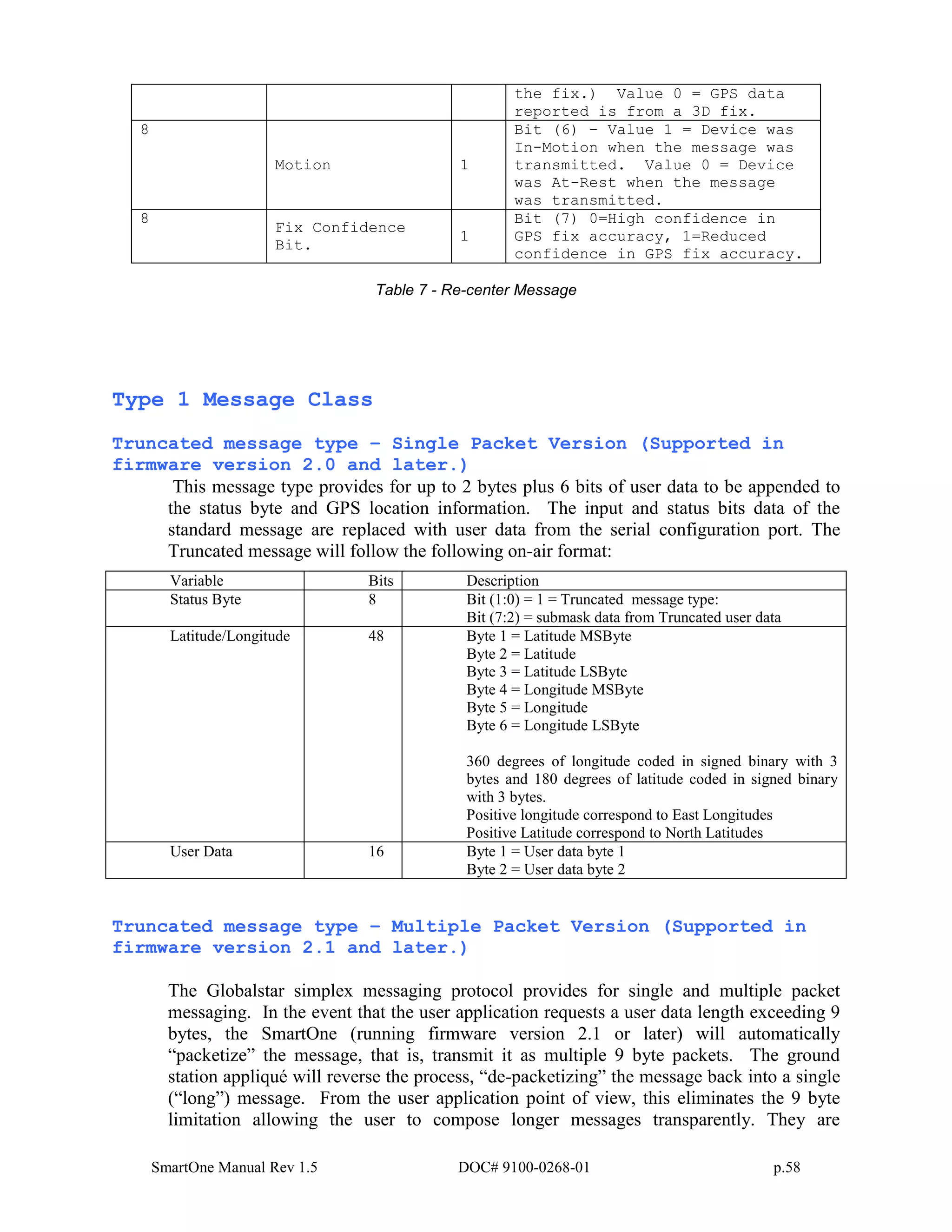 SmartOne Manual Rev 1.5 DOC# 9100-0268-01 p.58
the fix.) Value 0 = GPS data
reported is from a 3D fix.
8
Motion 1
Bit (6) – Value 1 = Device was
In-Motion when the message was
transmitted. Value 0 = Device
was At-Rest when the message
was transmitted.
8
Fix Confidence
Bit.
1
Bit (7) 0=High confidence in
GPS fix accuracy, 1=Reduced
confidence in GPS fix accuracy.
Table 7 - Re-center Message
Type 1 Message Class
Truncated message type – Single Packet Version (Supported in
firmware version 2.0 and later.)
This message type provides for up to 2 bytes plus 6 bits of user data to be appended to
the status byte and GPS location information. The input and status bits data of the
standard message are replaced with user data from the serial configuration port. The
Truncated message will follow the following on-air format:
Variable Bits Description
Status Byte 8 Bit (1:0) = 1 = Truncated message type:
Bit (7:2) = submask data from Truncated user data
Latitude/Longitude 48 Byte 1 = Latitude MSByte
Byte 2 = Latitude
Byte 3 = Latitude LSByte
Byte 4 = Longitude MSByte
Byte 5 = Longitude
Byte 6 = Longitude LSByte
360 degrees of longitude coded in signed binary with 3
bytes and 180 degrees of latitude coded in signed binary
with 3 bytes.
Positive longitude correspond to East Longitudes
Positive Latitude correspond to North Latitudes
User Data 16 Byte 1 = User data byte 1
Byte 2 = User data byte 2
Truncated message type – Multiple Packet Version (Supported in
firmware version 2.1 and later.)
The Globalstar simplex messaging protocol provides for single and multiple packet
messaging. In the event that the user application requests a user data length exceeding 9
bytes, the SmartOne (running firmware version 2.1 or later) will automatically
“packetize” the message, that is, transmit it as multiple 9 byte packets. The ground
station appliqué will reverse the process, “de-packetizing” the message back into a single
(“long”) message. From the user application point of view, this eliminates the 9 byte
limitation allowing the user to compose longer messages transparently. They are
 