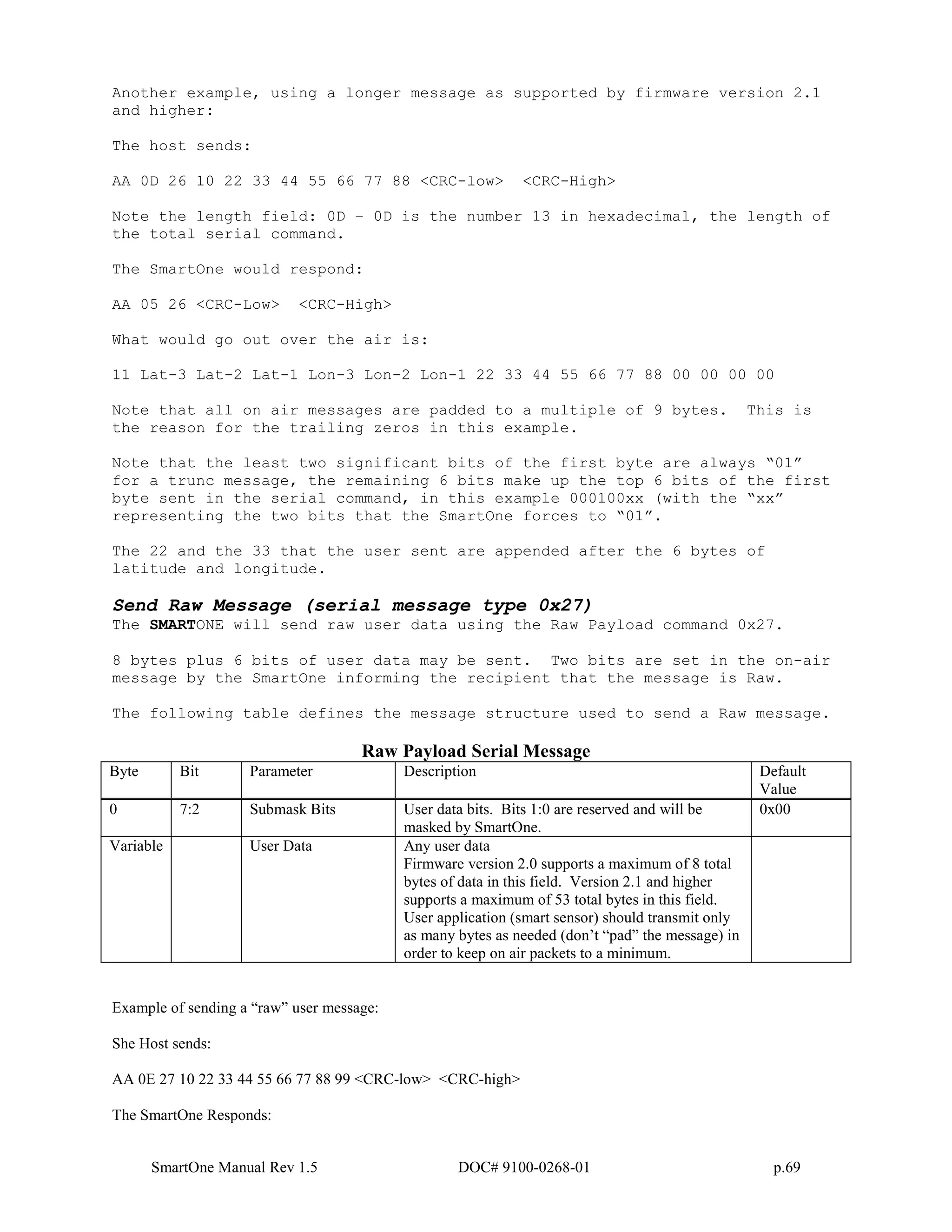 SmartOne Manual Rev 1.5 DOC# 9100-0268-01 p.69
Another example, using a longer message as supported by firmware version 2.1
and higher:
The host sends:
AA 0D 26 10 22 33 44 55 66 77 88 <CRC-low> <CRC-High>
Note the length field: 0D – 0D is the number 13 in hexadecimal, the length of
the total serial command.
The SmartOne would respond:
AA 05 26 <CRC-Low> <CRC-High>
What would go out over the air is:
11 Lat-3 Lat-2 Lat-1 Lon-3 Lon-2 Lon-1 22 33 44 55 66 77 88 00 00 00 00
Note that all on air messages are padded to a multiple of 9 bytes. This is
the reason for the trailing zeros in this example.
Note that the least two significant bits of the first byte are always “01”
for a trunc message, the remaining 6 bits make up the top 6 bits of the first
byte sent in the serial command, in this example 000100xx (with the “xx”
representing the two bits that the SmartOne forces to “01”.
The 22 and the 33 that the user sent are appended after the 6 bytes of
latitude and longitude.
Send Raw Message (serial message type 0x27)
The SMARTONE will send raw user data using the Raw Payload command 0x27.
8 bytes plus 6 bits of user data may be sent. Two bits are set in the on-air
message by the SmartOne informing the recipient that the message is Raw.
The following table defines the message structure used to send a Raw message.
Raw Payload Serial Message
Byte Bit Parameter Description Default
Value
0 7:2 Submask Bits User data bits. Bits 1:0 are reserved and will be
masked by SmartOne.
0x00
Variable User Data Any user data
Firmware version 2.0 supports a maximum of 8 total
bytes of data in this field. Version 2.1 and higher
supports a maximum of 53 total bytes in this field.
User application (smart sensor) should transmit only
as many bytes as needed (don’t “pad” the message) in
order to keep on air packets to a minimum.
Example of sending a “raw” user message:
She Host sends:
AA 0E 27 10 22 33 44 55 66 77 88 99 <CRC-low> <CRC-high>
The SmartOne Responds:
 