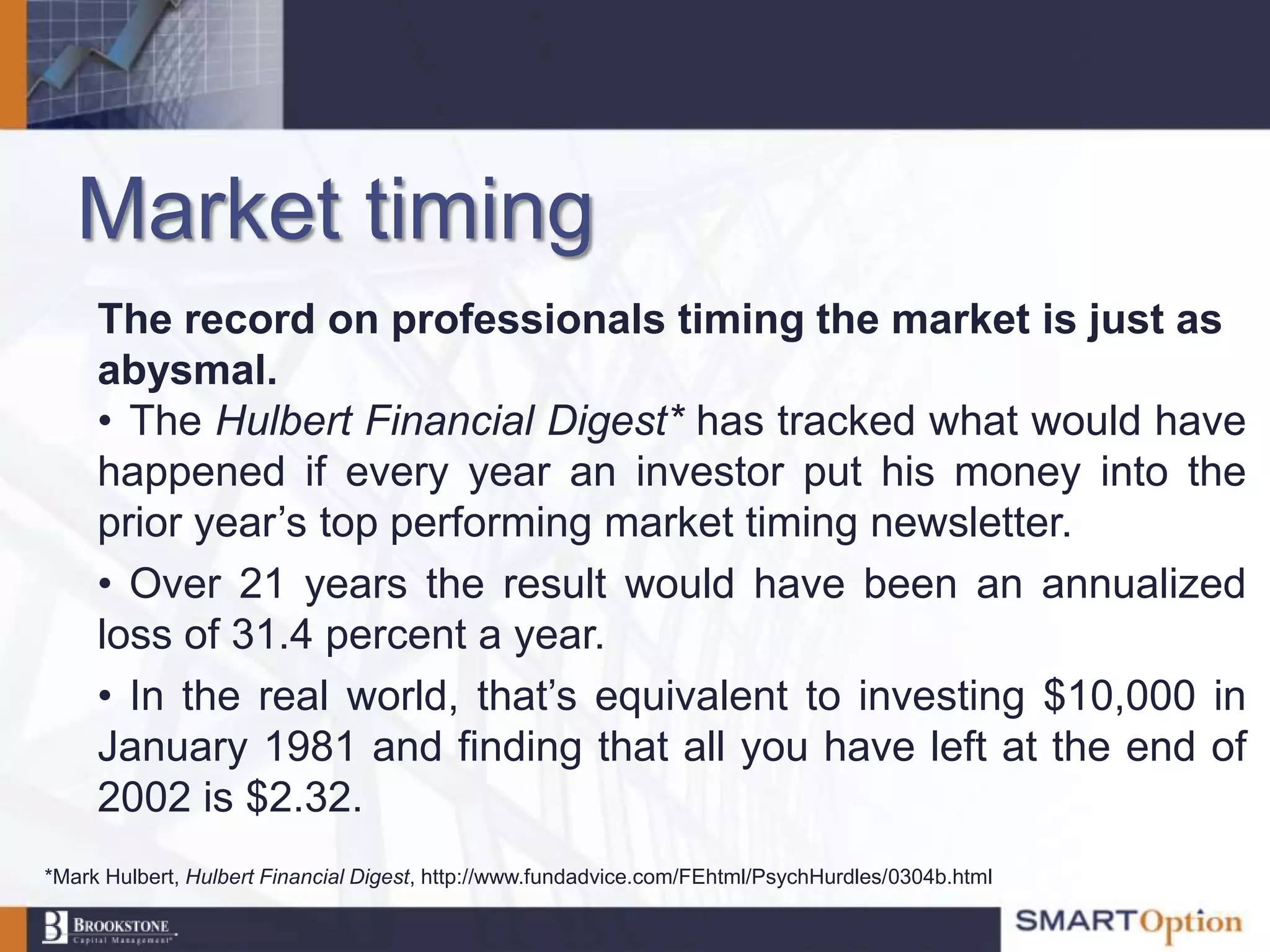 Market timing
     The record on professionals timing the market is just as
     abysmal.
     • The Hulbert Financial Digest* has tracked what would have
     happened if every year an investor put his money into the
     prior year‟s top performing market timing newsletter.
     • Over 21 years the result would have been an annualized
     loss of 31.4 percent a year.
     • In the real world, that‟s equivalent to investing $10,000 in
     January 1981 and finding that all you have left at the end of
     2002 is $2.32.
*Mark Hulbert, Hulbert Financial Digest, http://www.fundadvice.com/FEhtml/PsychHurdles/0304b.html
 