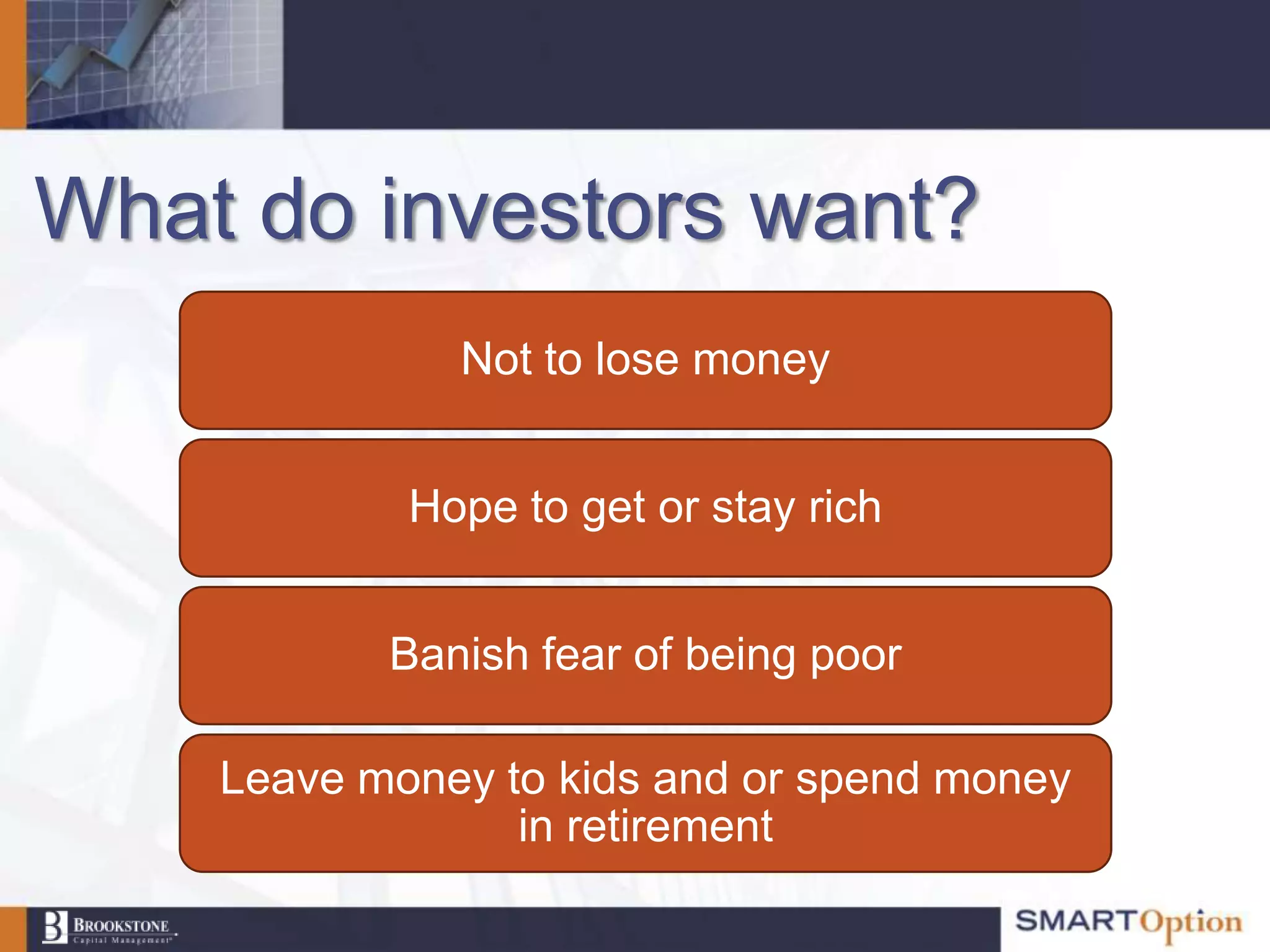 What do investors want?
              Not to lose money


            Hope to get or stay rich


           Banish fear of being poor

    Leave money to kids and or spend money
                 in retirement
 