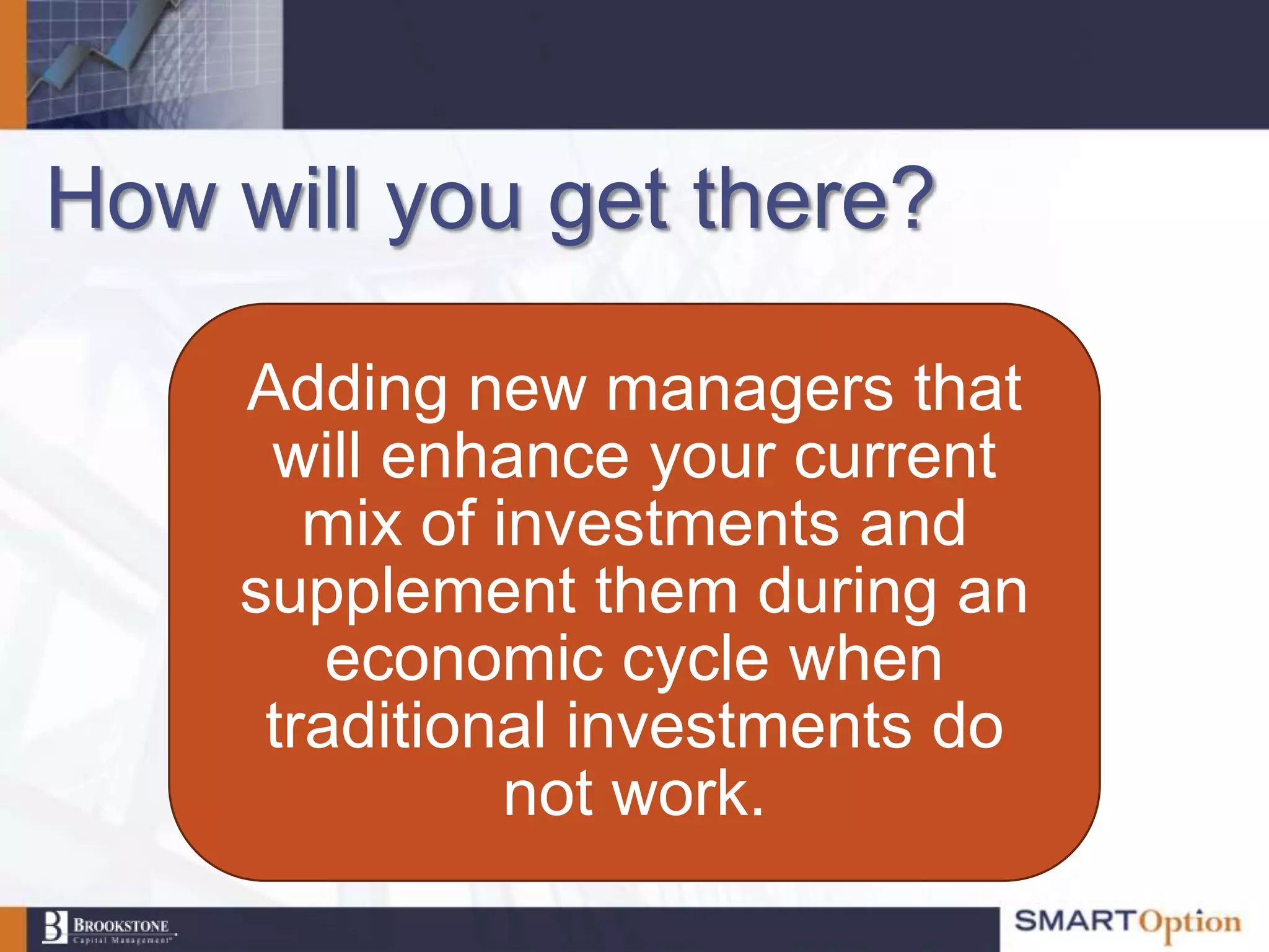 How will you get there?

     Adding new managers that
      will enhance your current
        mix of investments and
     supplement them during an
         economic cycle when
      traditional investments do
                not work.
 