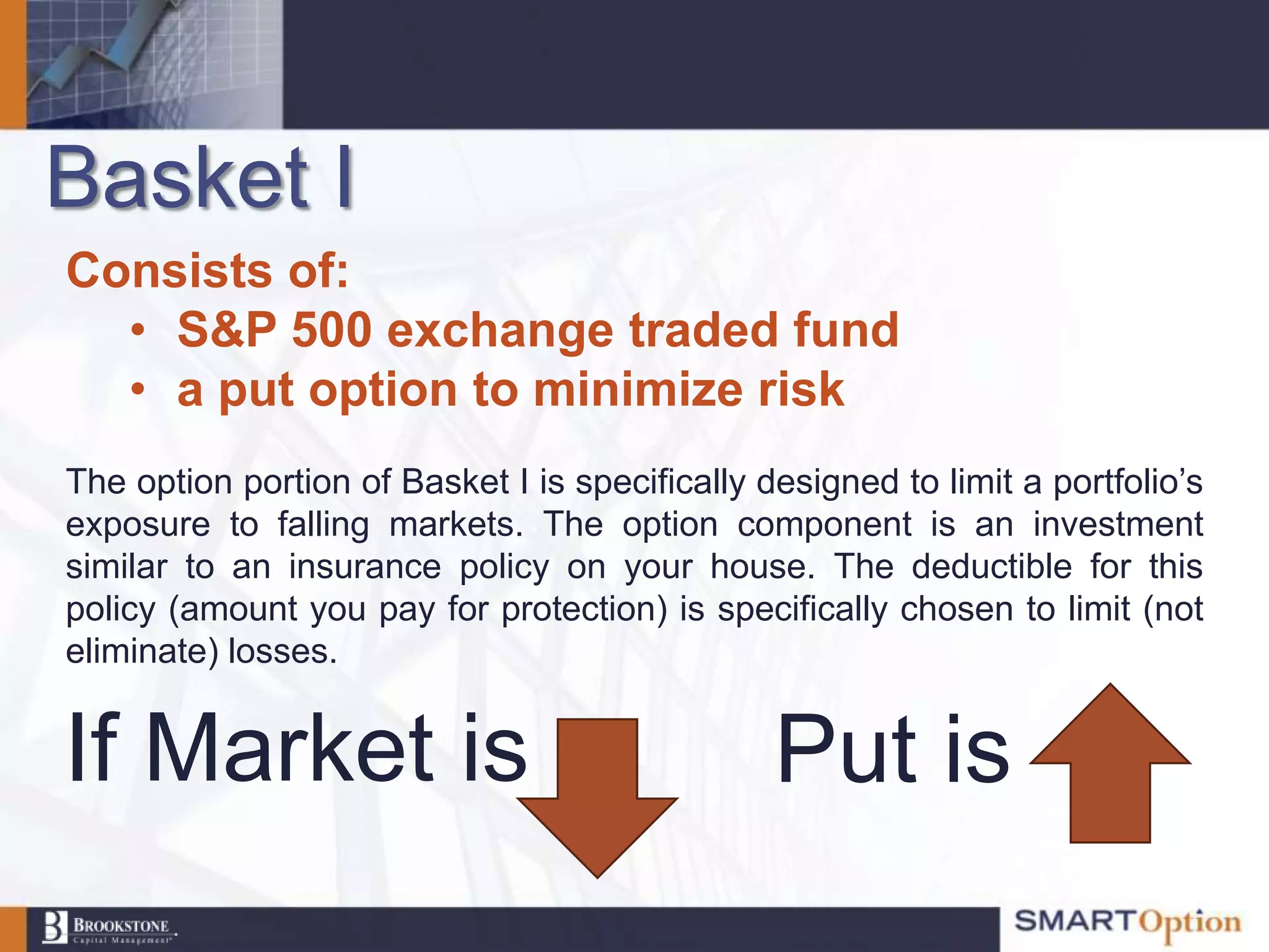 Basket I
Consists of:
  • S&P 500 exchange traded fund
  • a put option to minimize risk
The option portion of Basket I is specifically designed to limit a portfolio‟s
exposure to falling markets. The option component is an investment
similar to an insurance policy on your house. The deductible for this
policy (amount you pay for protection) is specifically chosen to limit (not
eliminate) losses.


If Market is                                    Put is
 