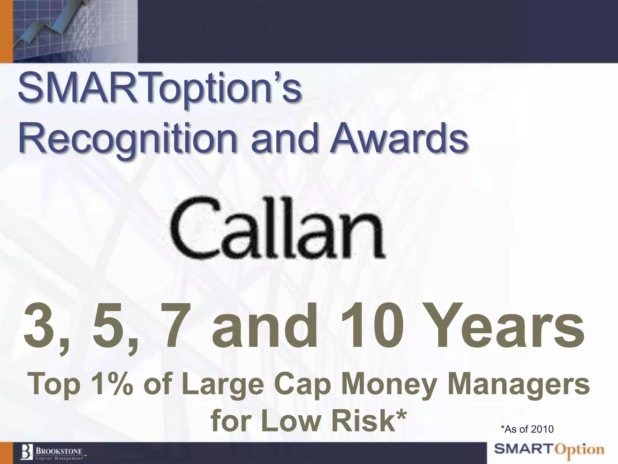 SMARToption‟s
Recognition and Awards



3, 5, 7 and 10 Years
Top 1% of Large Cap Money Managers
            for Low Risk*   *As of 2010
 