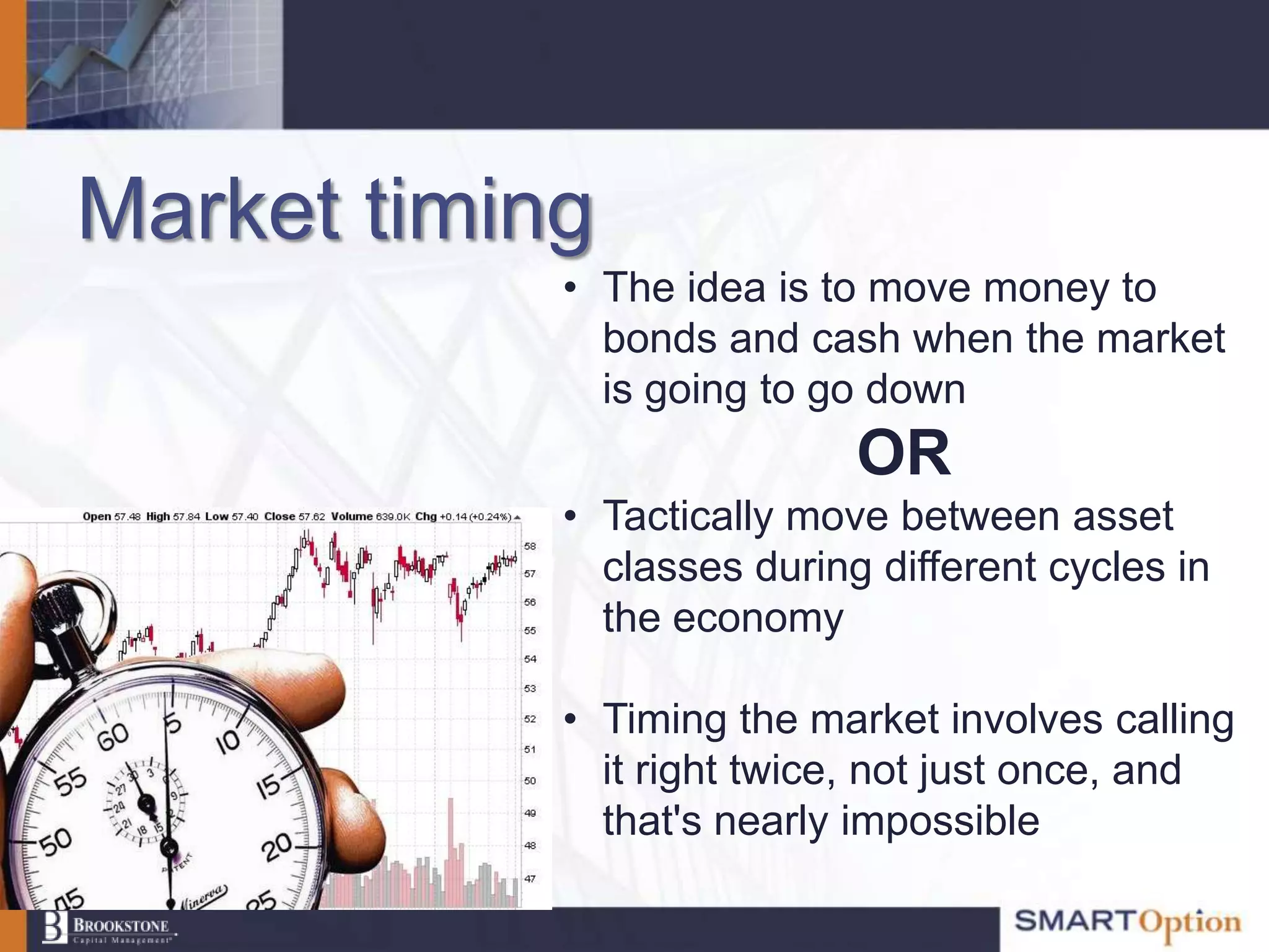 Market timing
            • The idea is to move money to
              bonds and cash when the market
              is going to go down
                            OR
            • Tactically move between asset
              classes during different cycles in
              the economy

            • Timing the market involves calling
              it right twice, not just once, and
              that's nearly impossible
 
