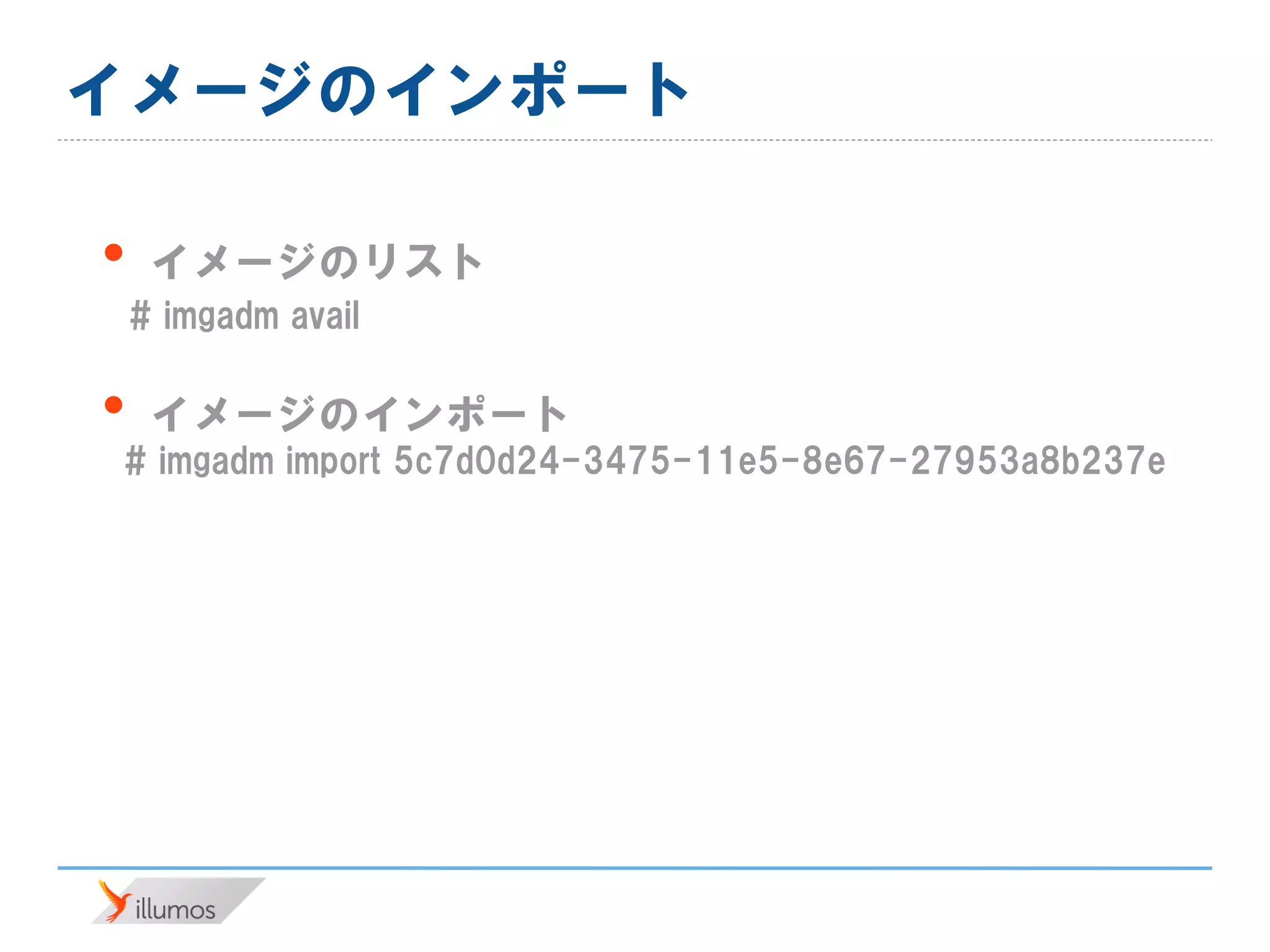 イメージのインポート
• イメージのリスト
# imgadm avail
• イメージのインポート
# imgadm import 5c7d0d24-3475-11e5-8e67-27953a8b237e
 